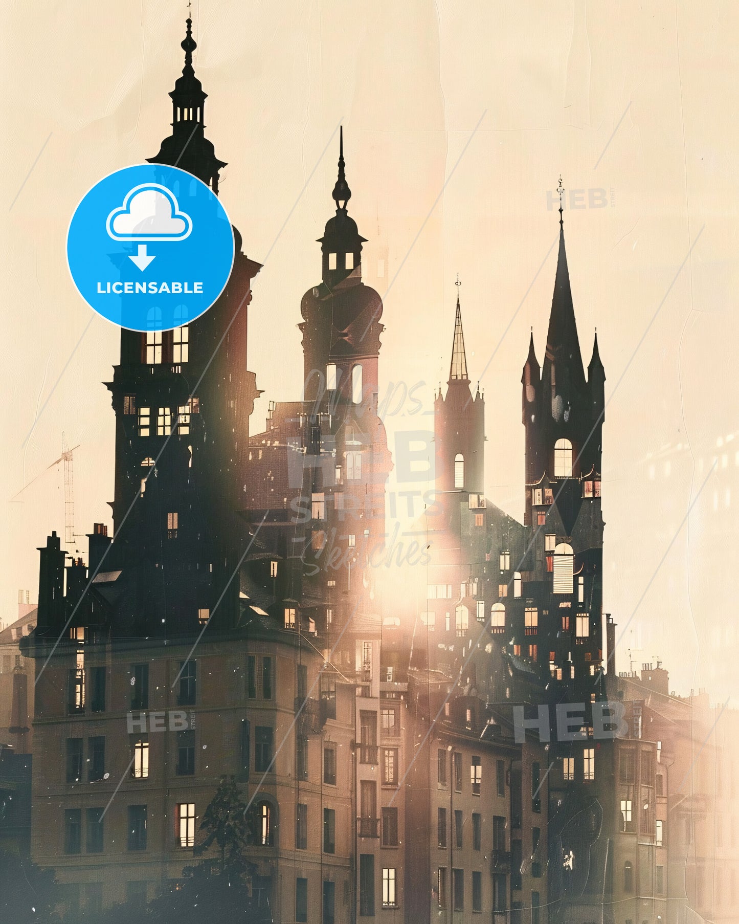 Grenoble Skyline Art: Iconic Silhouette on Beige - A group of buildings with towers