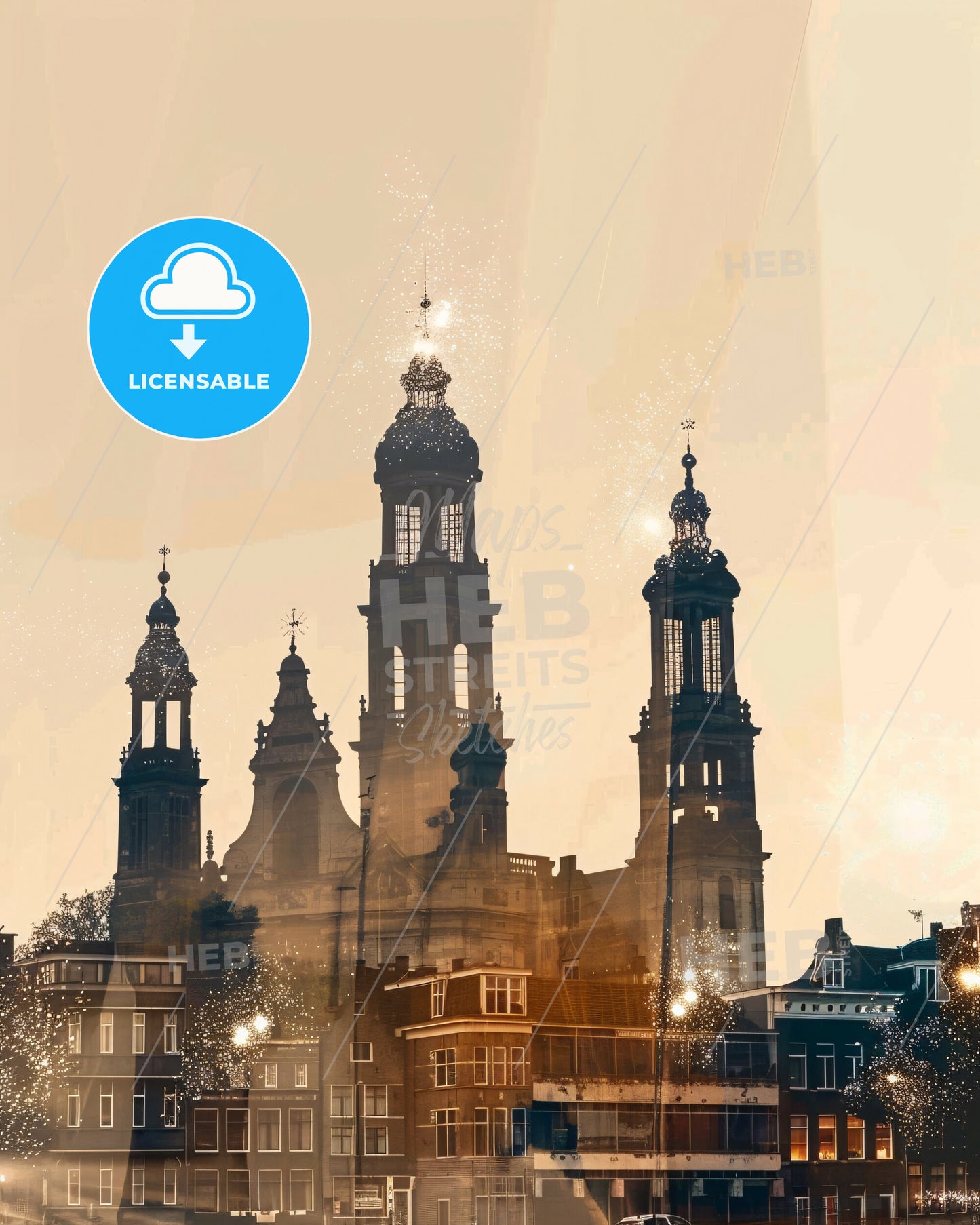 Groningen: City Lights Double Exposure Sparkle Poster - A building with towers and lights