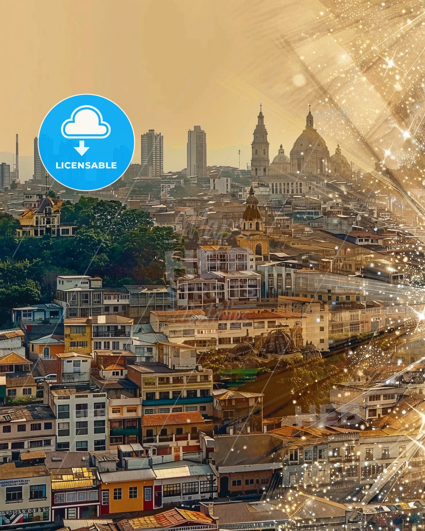 Guayaquil Skyline Double Exposure Poster Art - A city with many buildings and fireworks