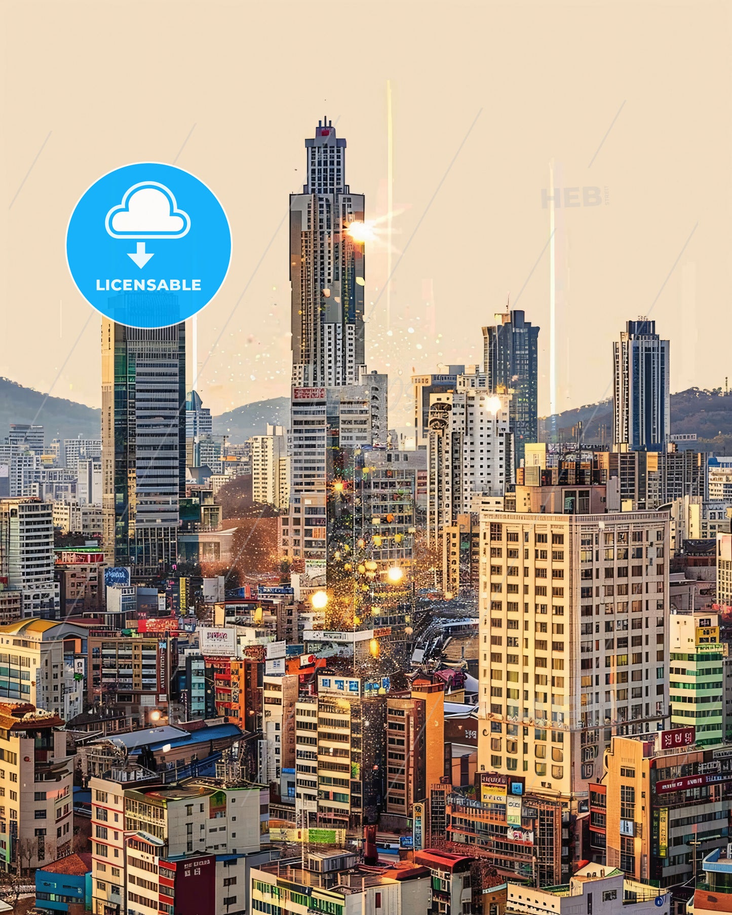 Gwangmyeong City Skyline Composite Bright Beige Paper Poster - A city with many tall buildings