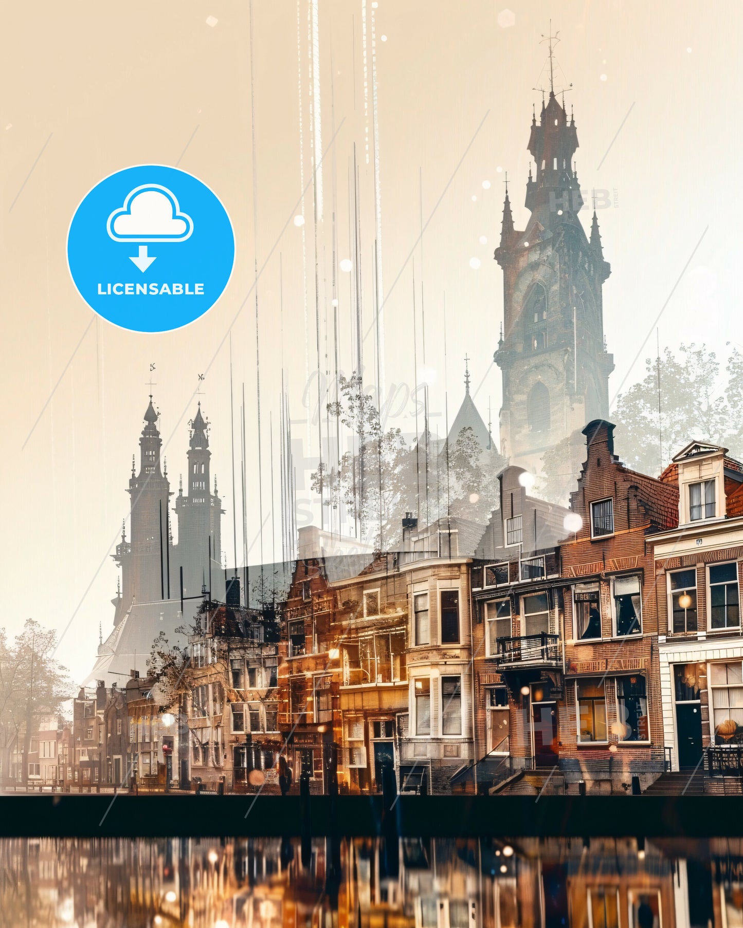 Haarlem City Print: Magical Skyline Art - A row of buildings with a clock tower