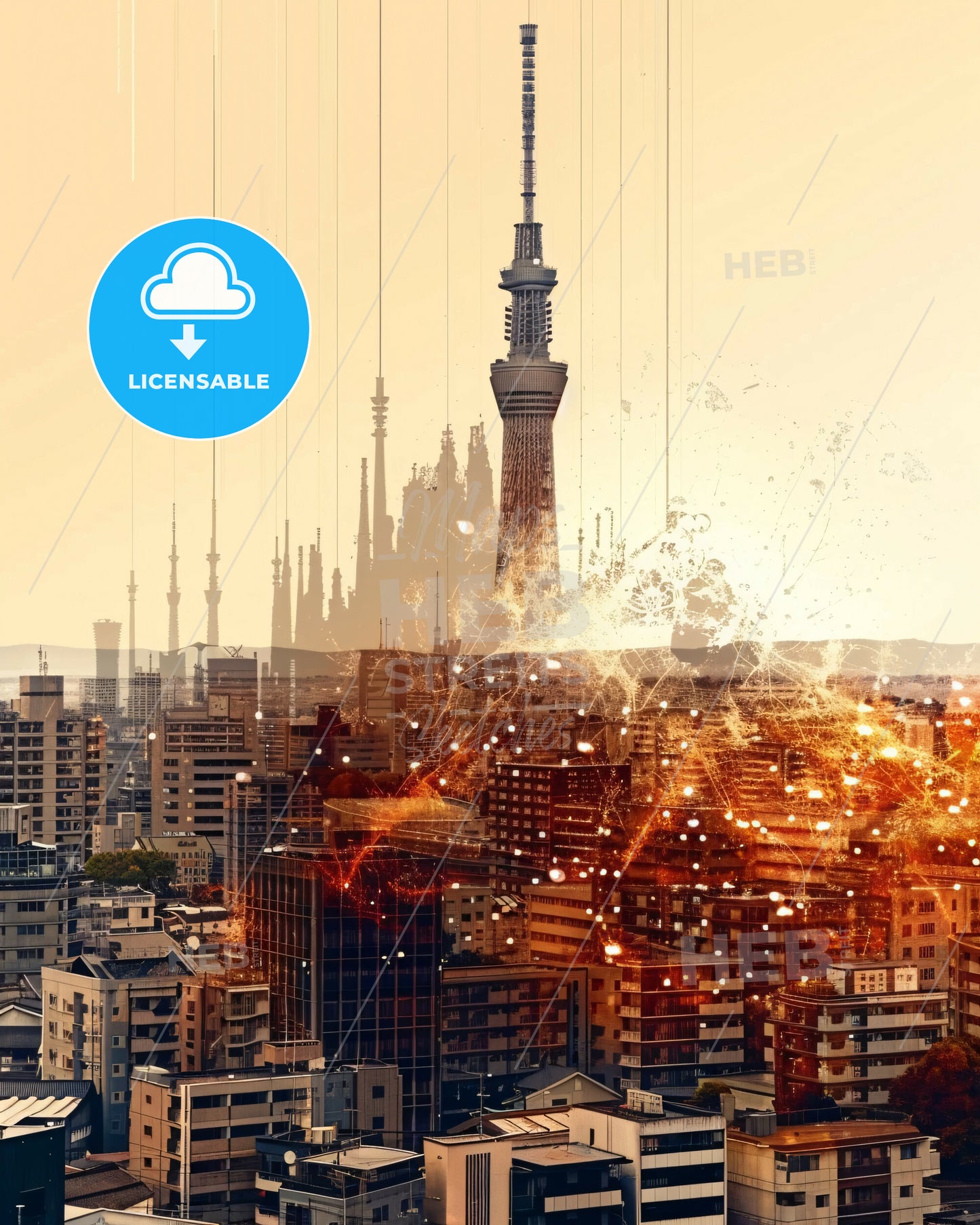 Hamamatsu Skyline Double Exposure Composite Poster Art - A city with a tall tower