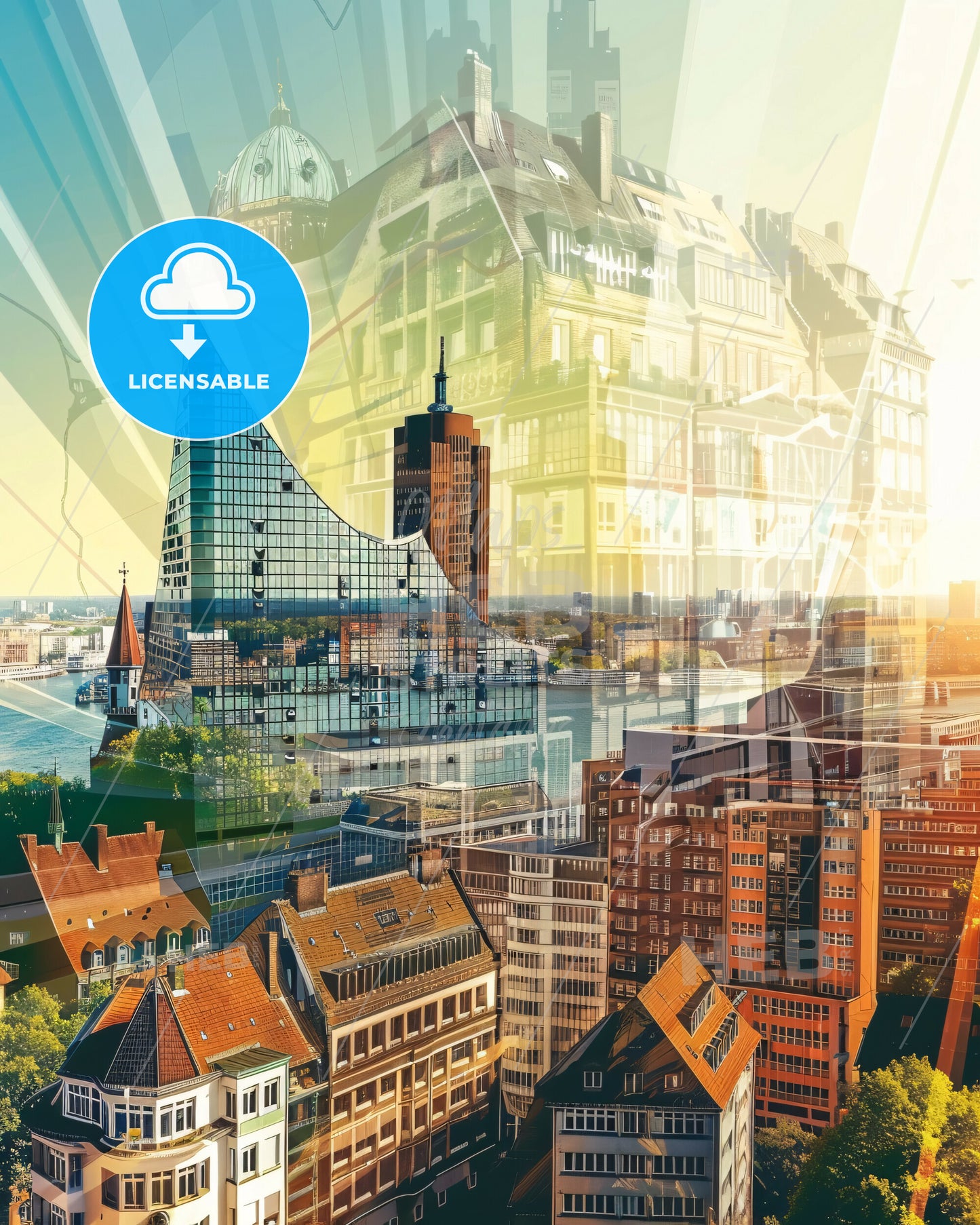 Hamburg Skyline Double Exposure Bright Paper Poster - A city with many buildings