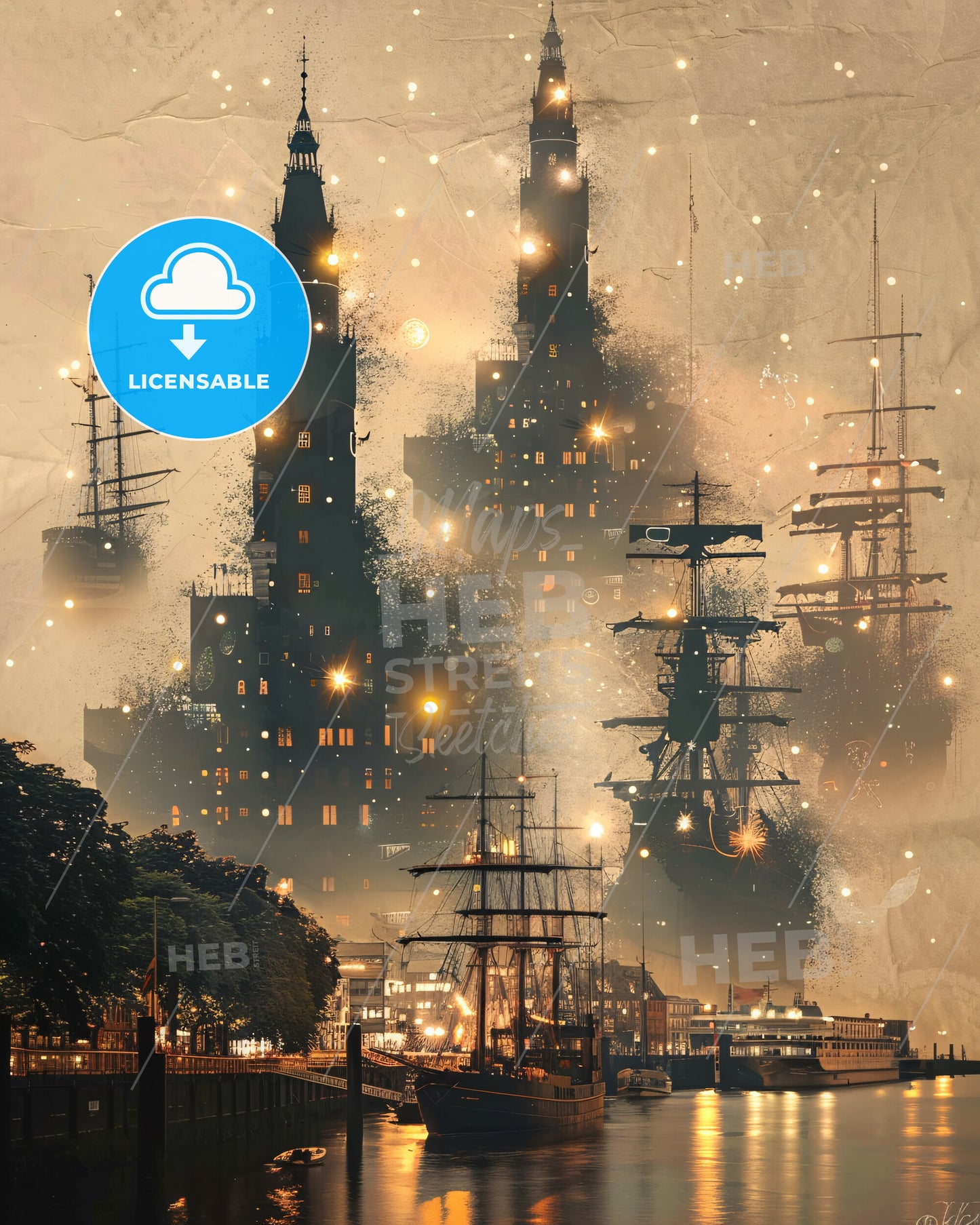 Hamburg Skyline Composite Art Deco Poster - A city with tall buildings and boats