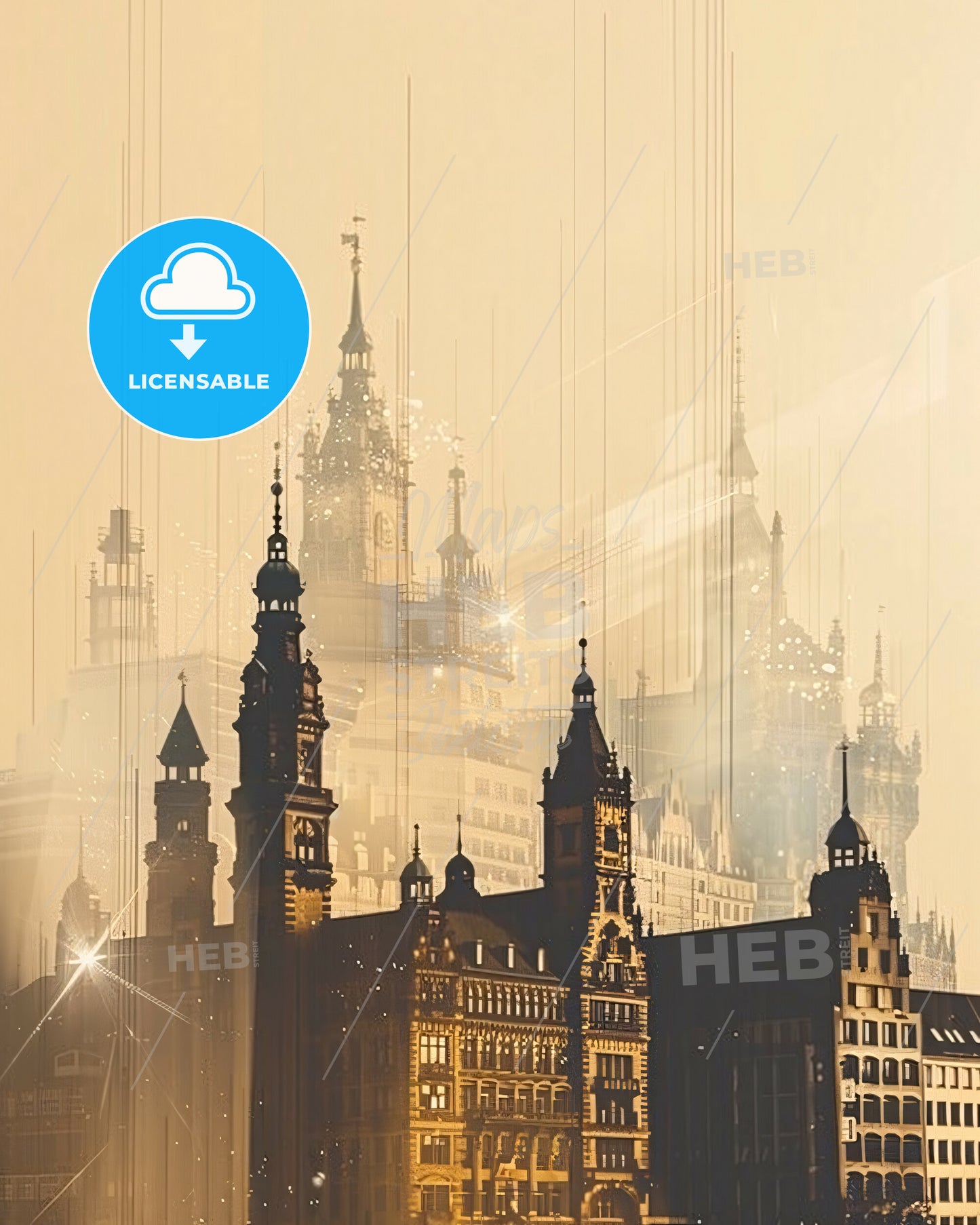 Hamburg Skyline Art Poster: Double Exposure Symphony - A large building with towers and spires