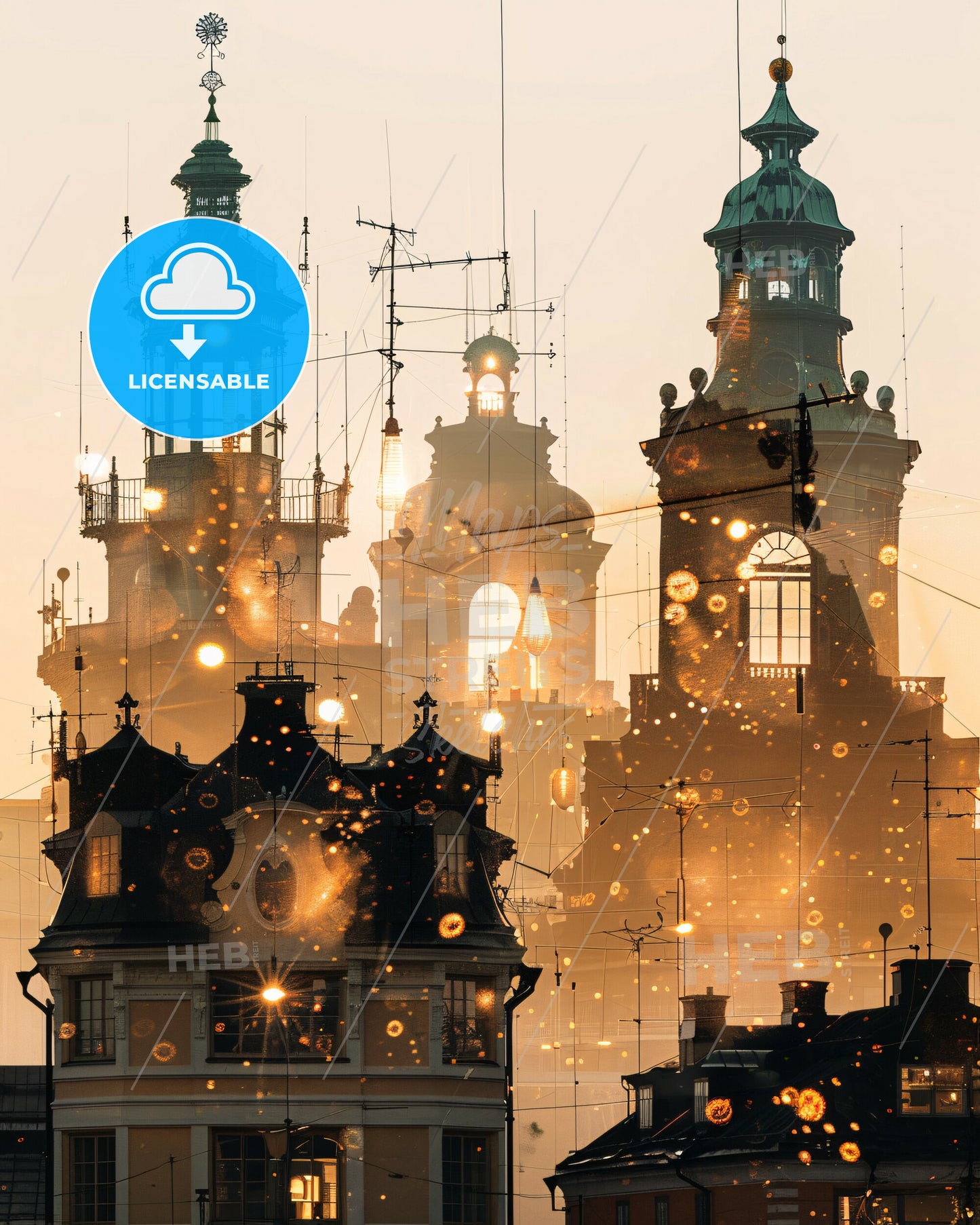 Hammaro Skyline Art: Double Exposure, Beige Background - A city with many towers and lights