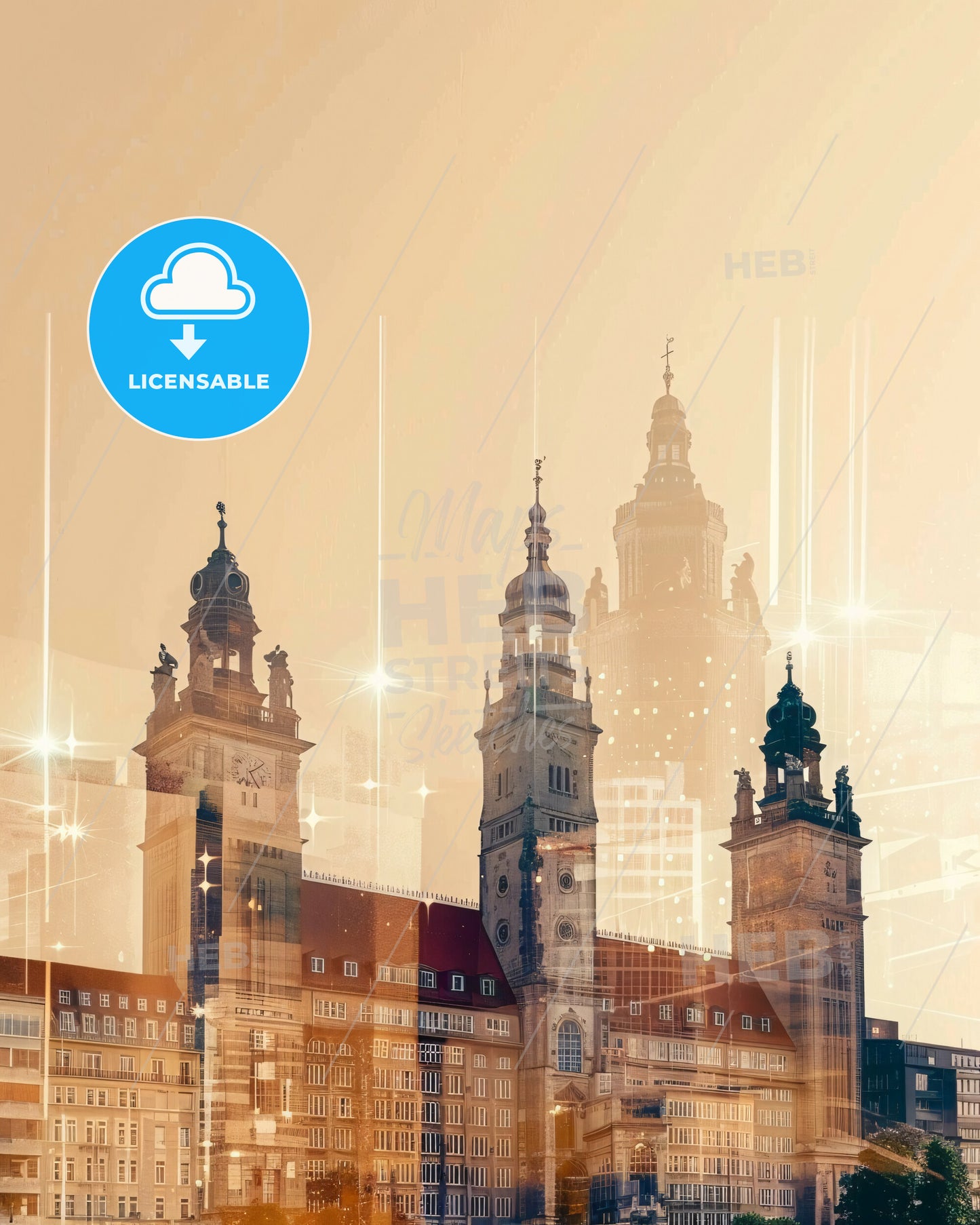 Hannover City Skyline Double Exposure Print - A building with towers and a clock tower