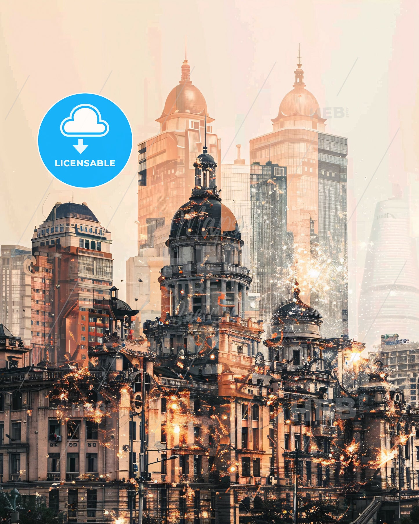 Harbin Double Exposure Art Skyline Poster - A large building with many towers and fireworks