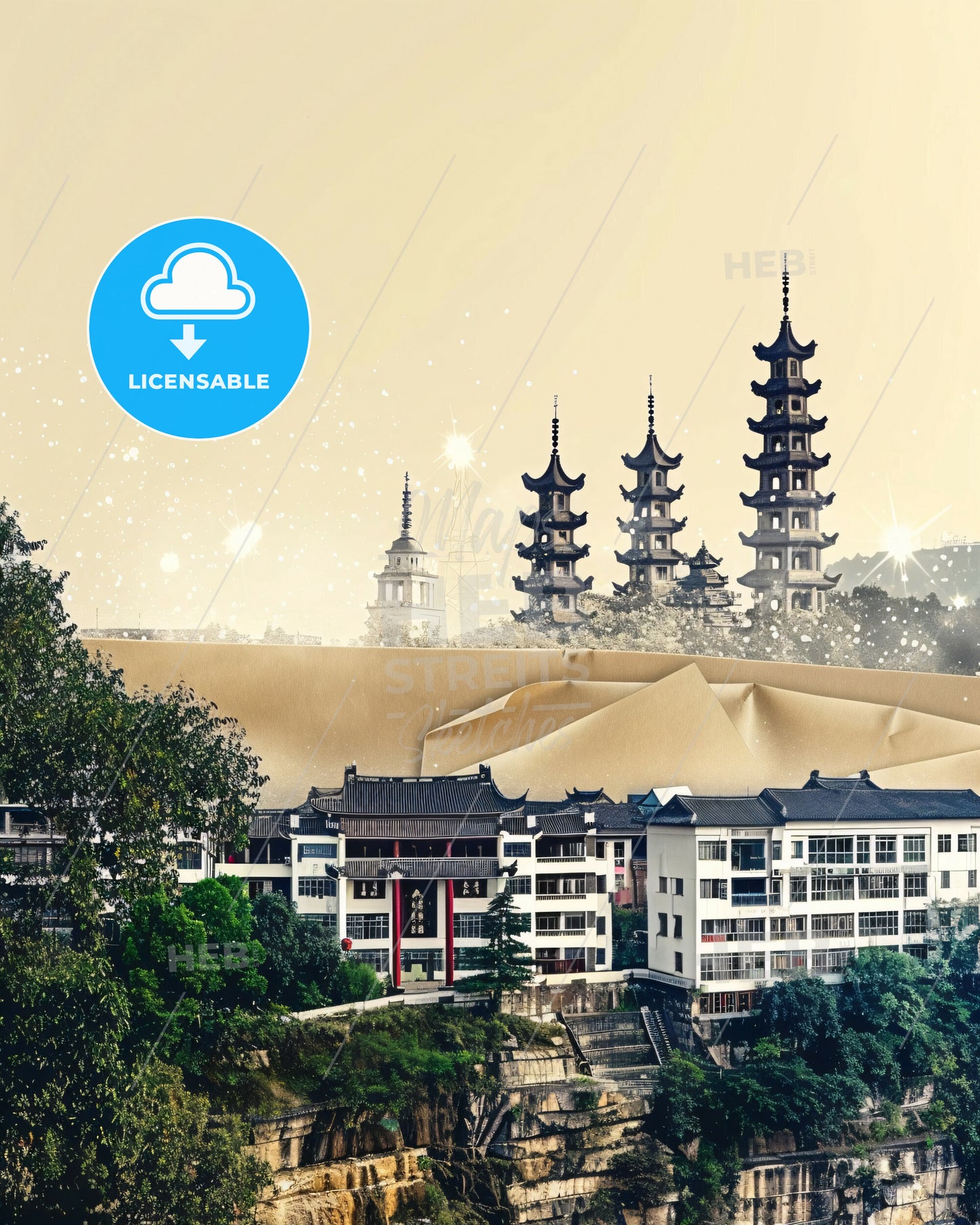 Hengyang, China: Double Exposure Skyline Art - A building with towers and trees