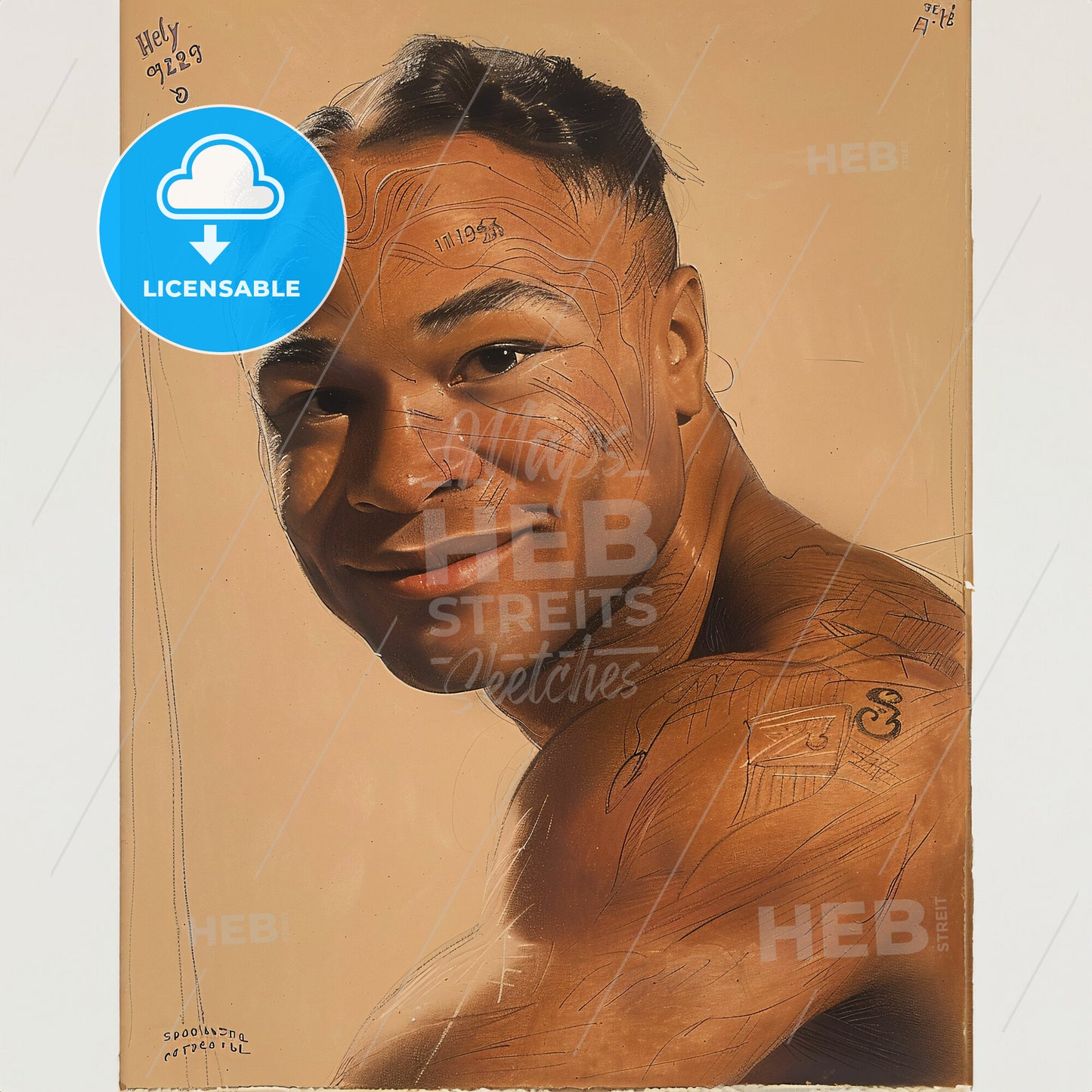 Henry Armstrong, 1912 - 1988, American featherweight, lightweight, and welterweight boxer - A Man Smiling With Lines Drawn On His Face