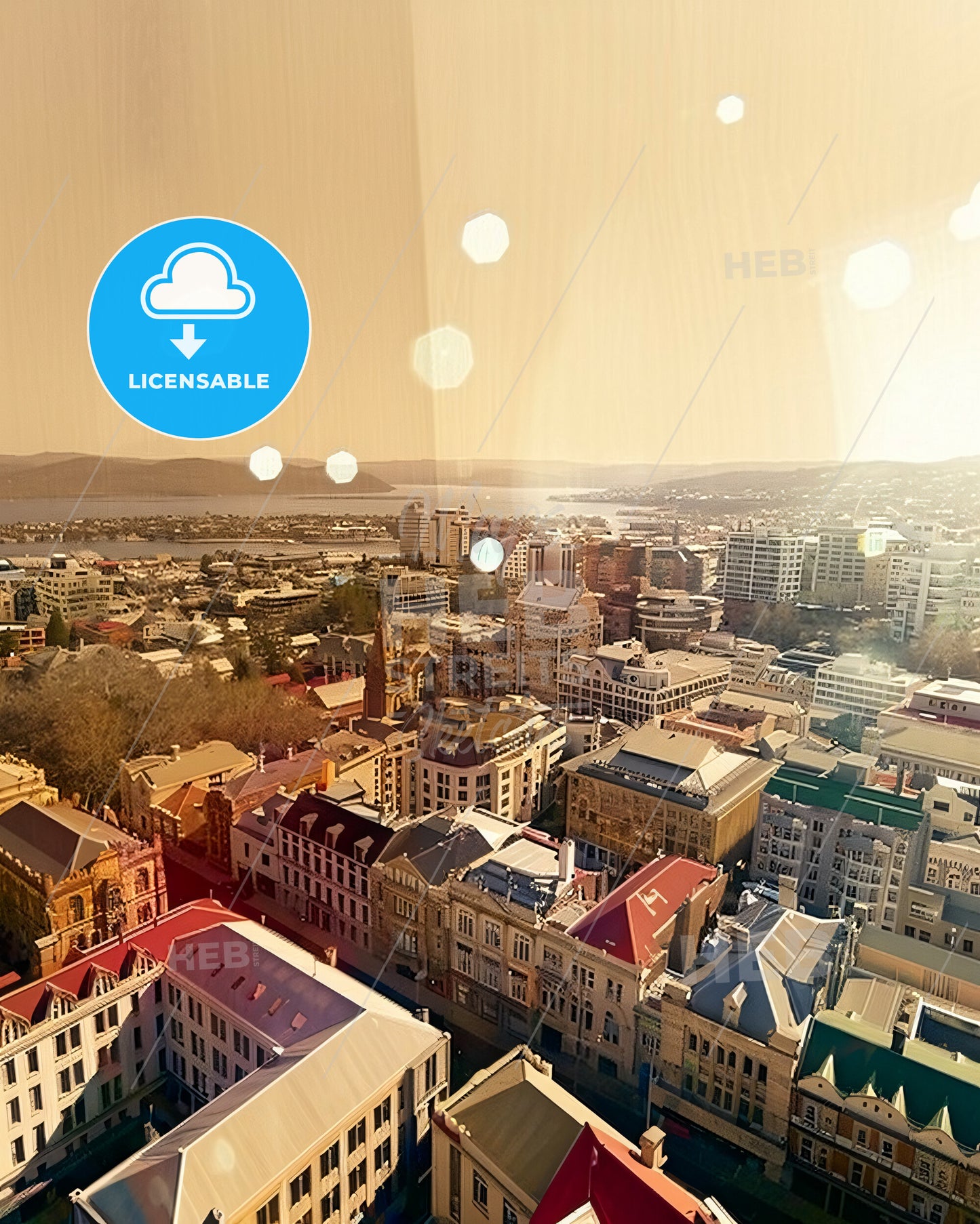 Hobart Skyline Icons Double Exposure Beige Poster - A city with many buildings and a body of water