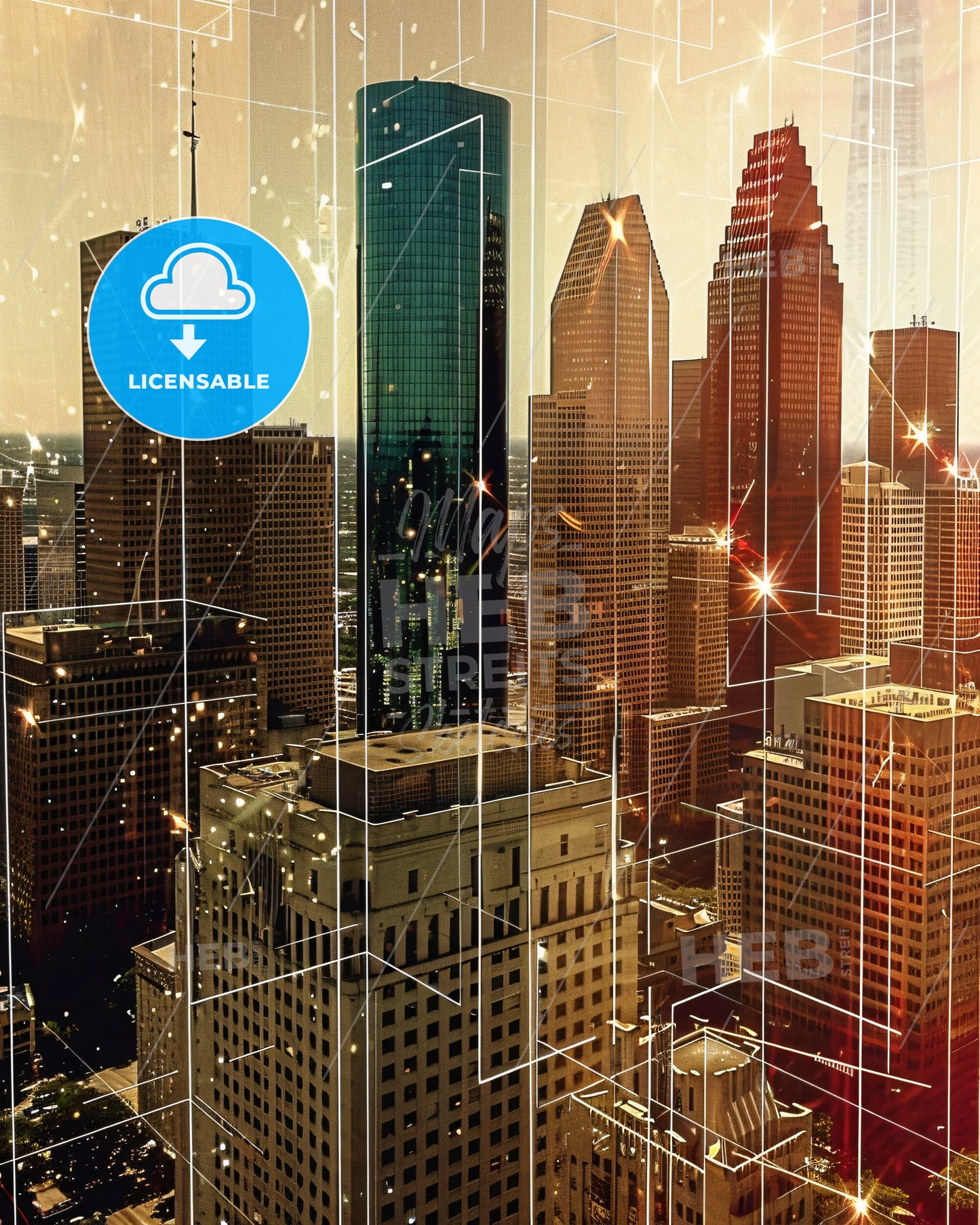 Houston Skyline Composite Art Poster with Sparkles - A city skyline with many tall buildings
