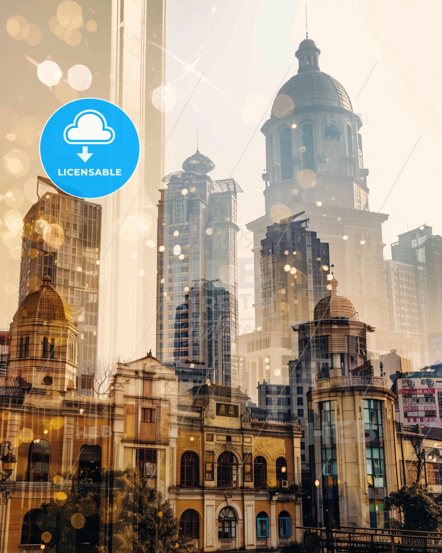 Huainan Skyline Art: Vibrant Beige Iconography - A city with many tall buildings