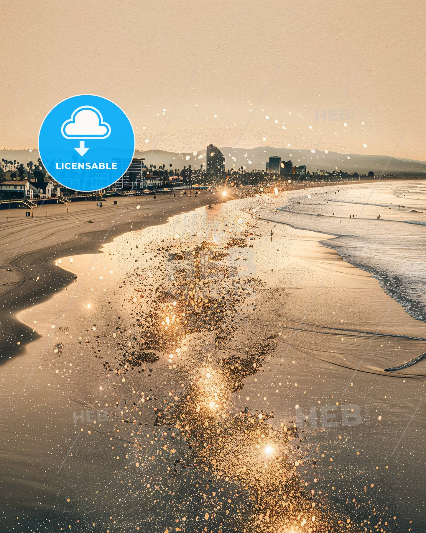 Huntington Beach City Lightscape Poster - A beach with buildings and water