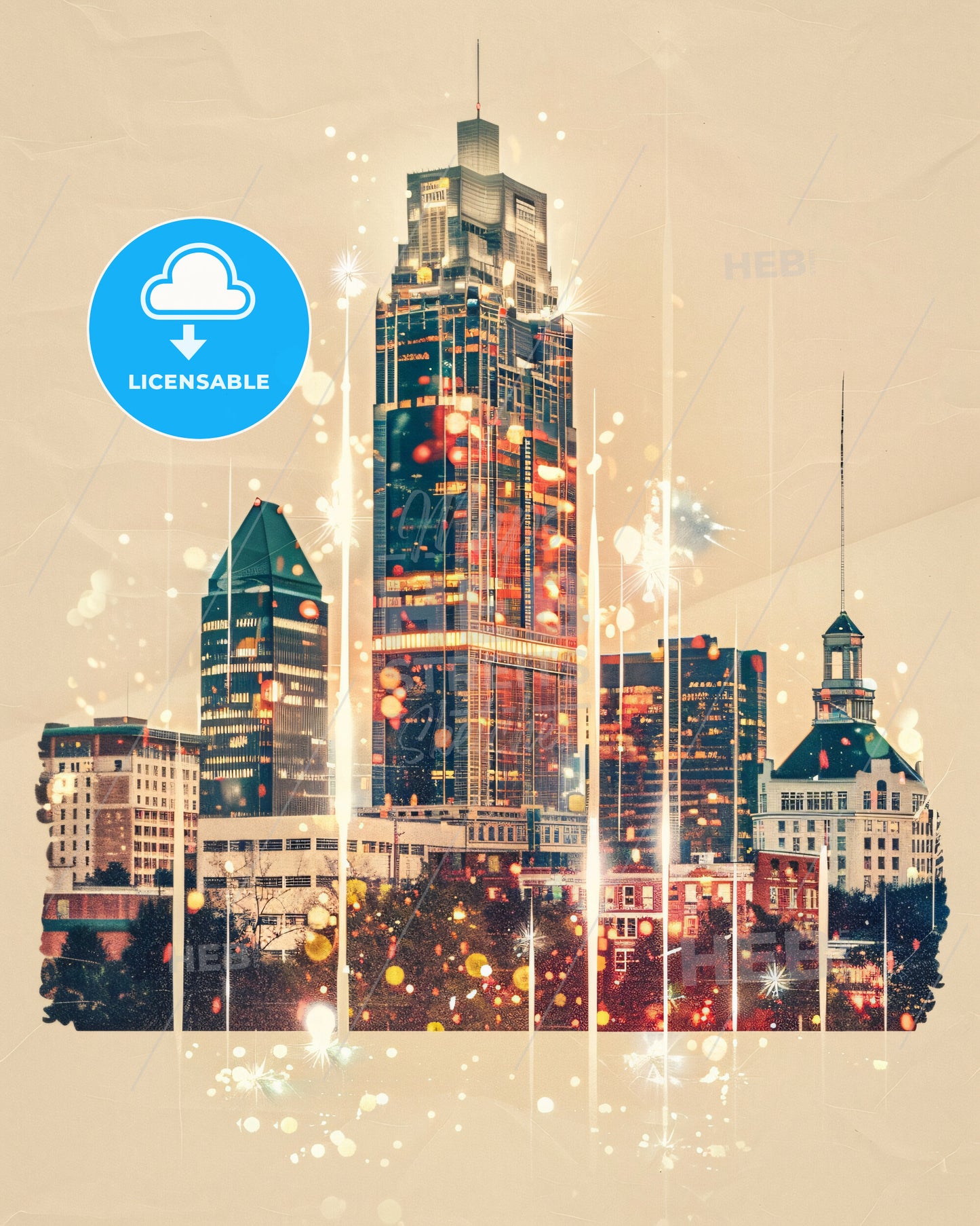 Huntsville Skyline Composite Poster - Local Icons and Beige Backdrop - A city skyline with lights