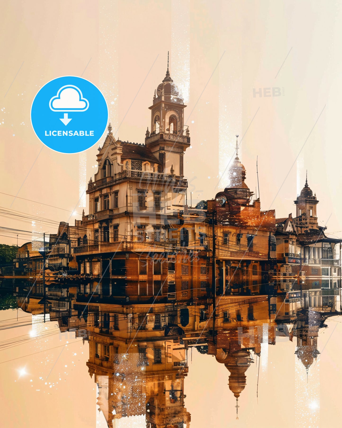 Ibadan: Neon Skyline Oasis Double Exposure Art - A building with a tower and a tower on the side of it