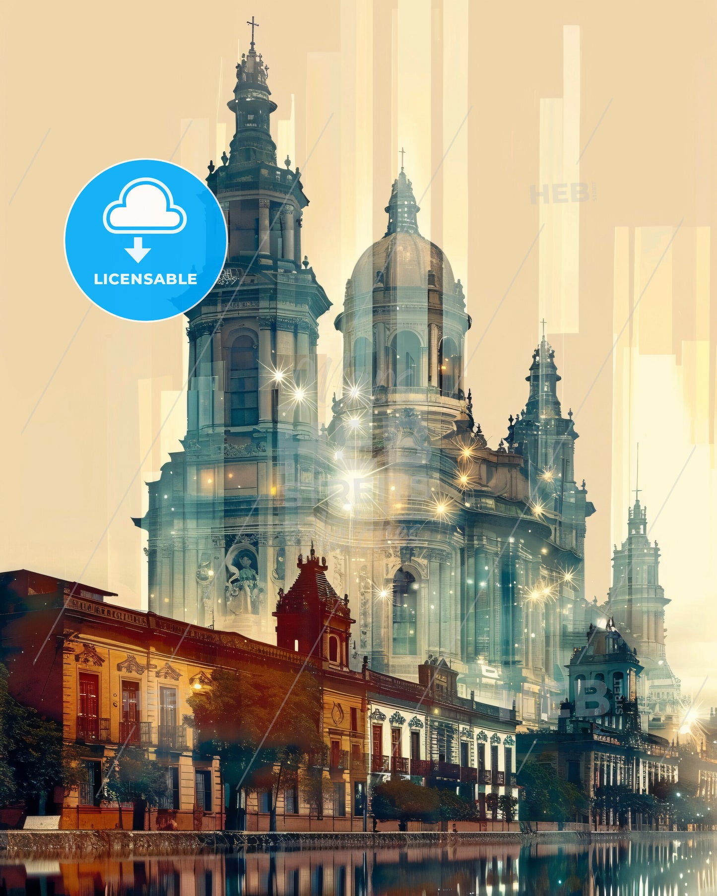 Ibague City Skyline Art Deco Poster - A building with towers and a street in the background