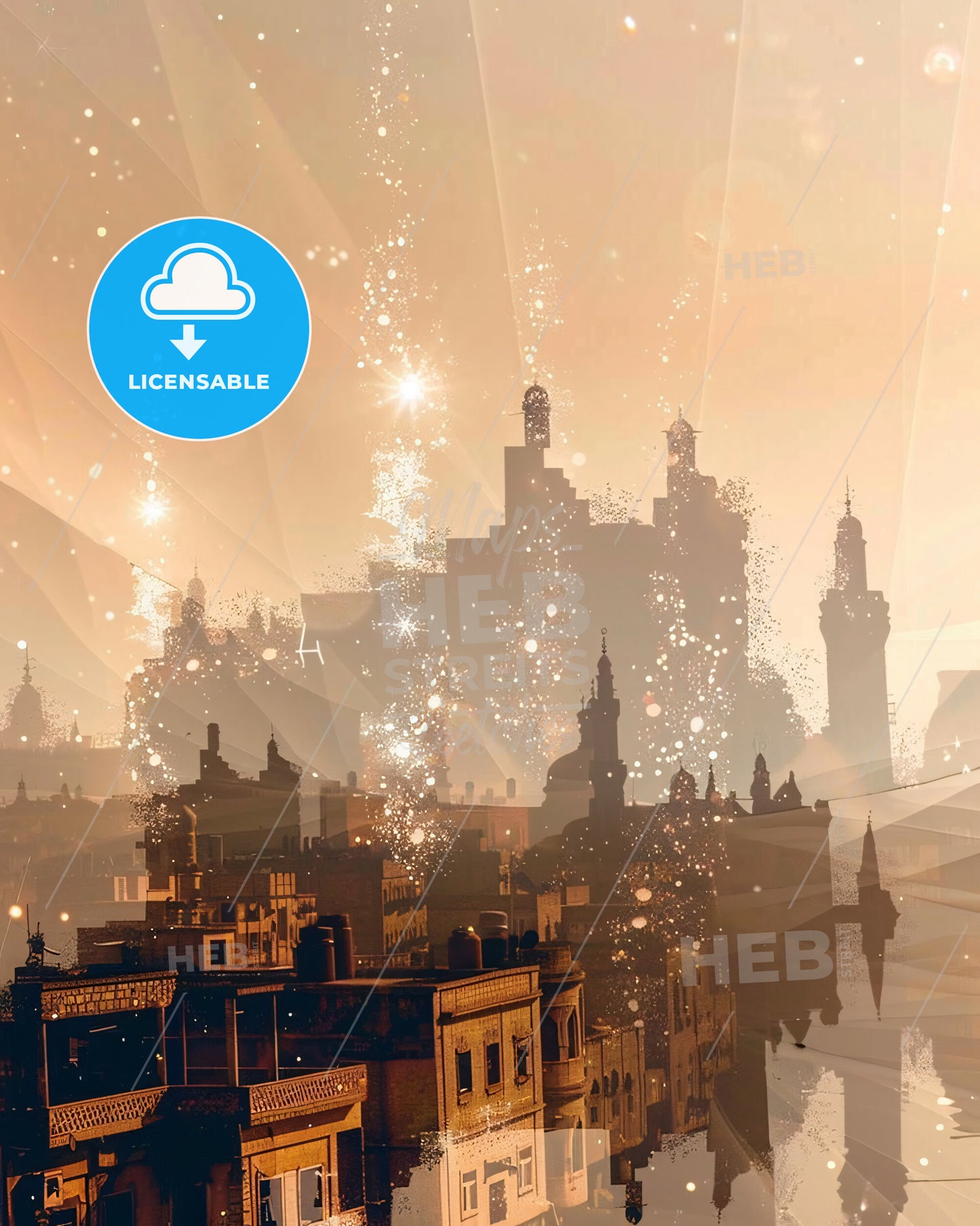 Idlib's Skyline Double Exposure Cityscape Art Poster - A city with many buildings and fireworks