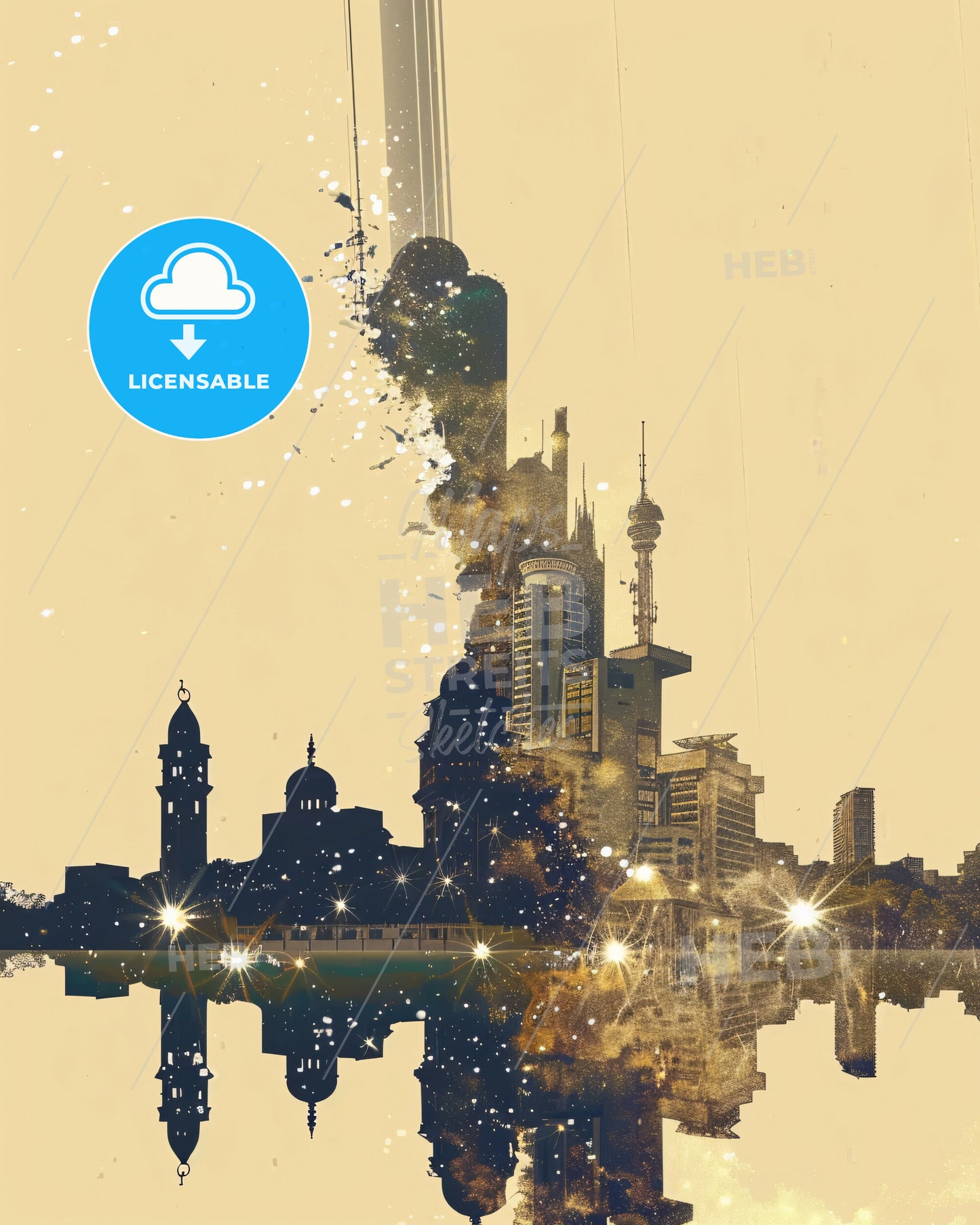 Ilorin Cityscape Night Sky Skyline Art - A city skyline with lights reflecting in water