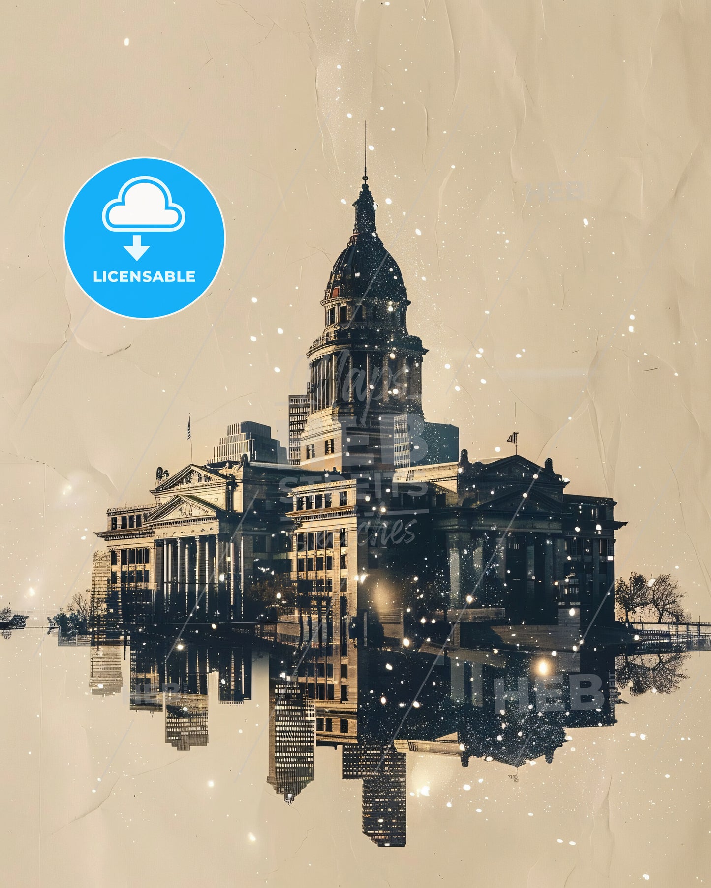 Independence Cityscape Sparkles Skyline Poster - A building with a dome and a tower reflected in water