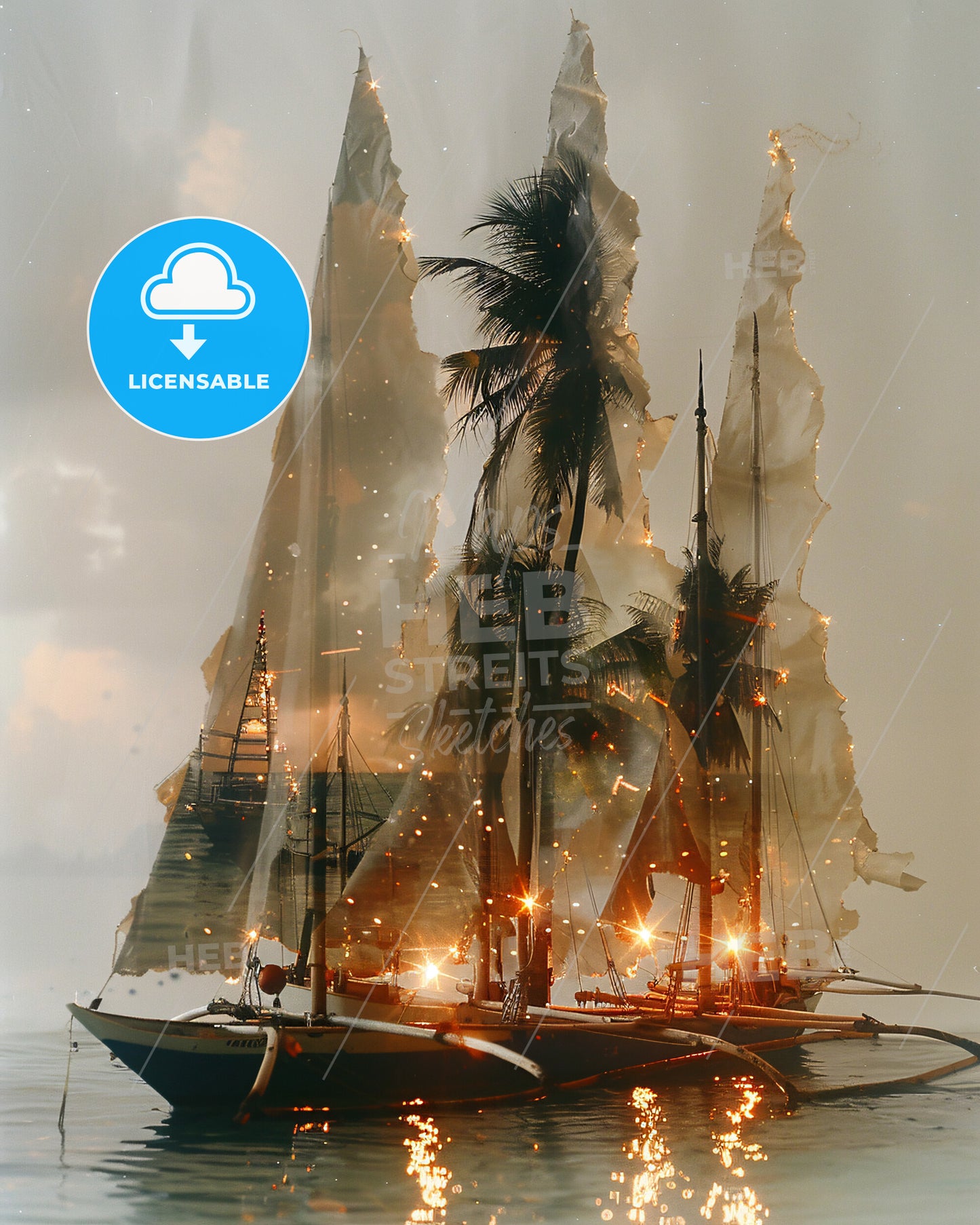 Boracay Skyline Double Exposure Composite Art - A sailboat with palm trees on water