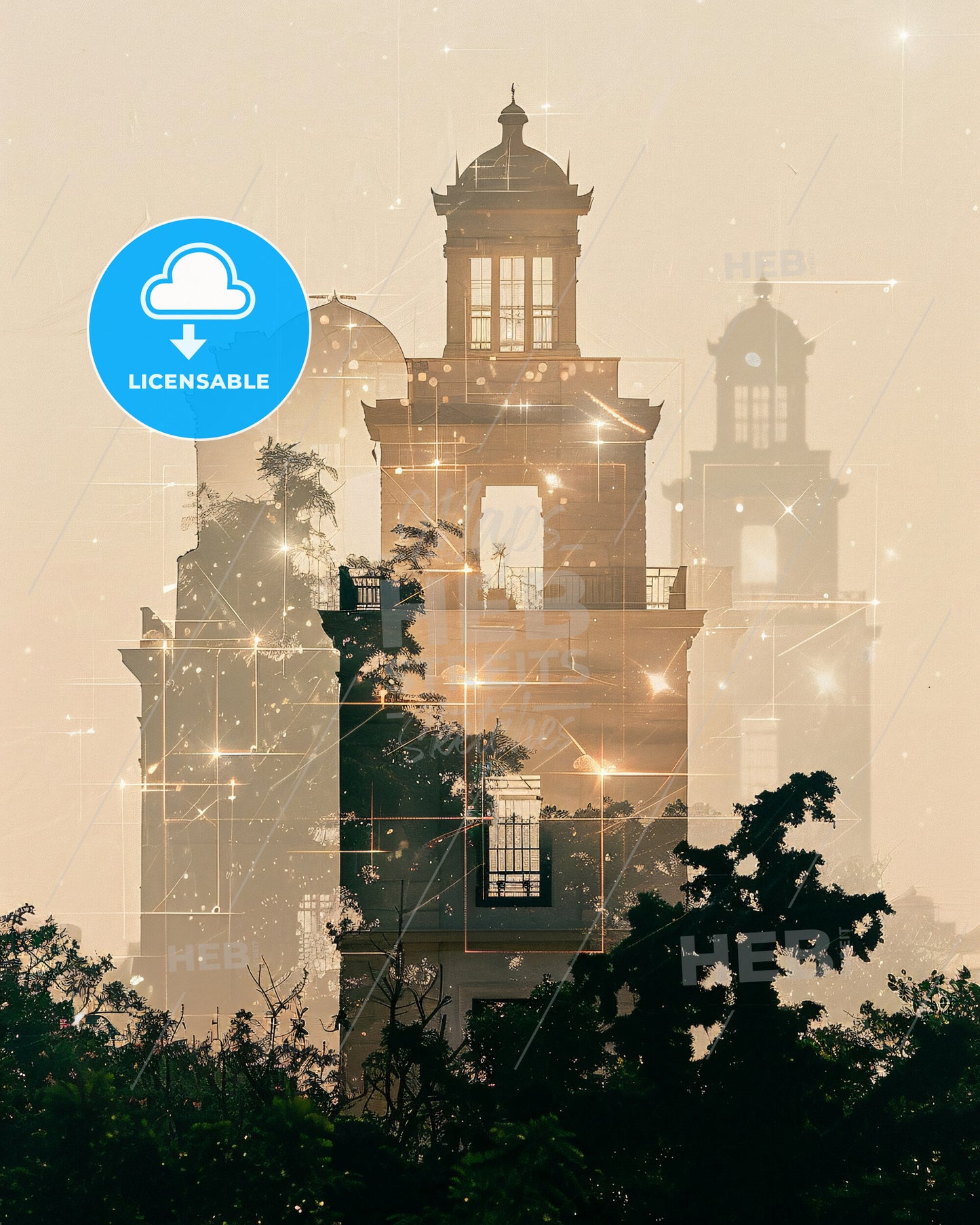 Euboea Skyline Double Exposure Art - A building with a tower and trees