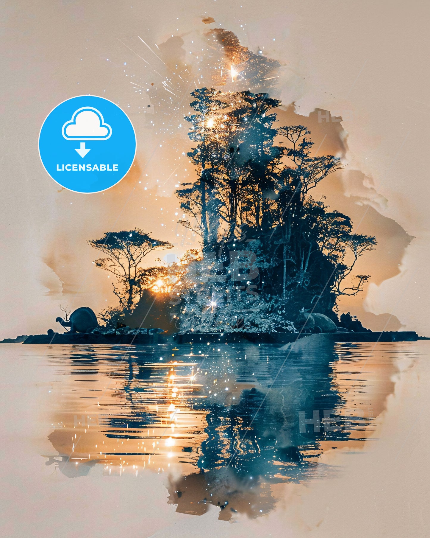 Galapagos Landmarks Exposure Art Poster - A small island with trees and a reflection of the sun