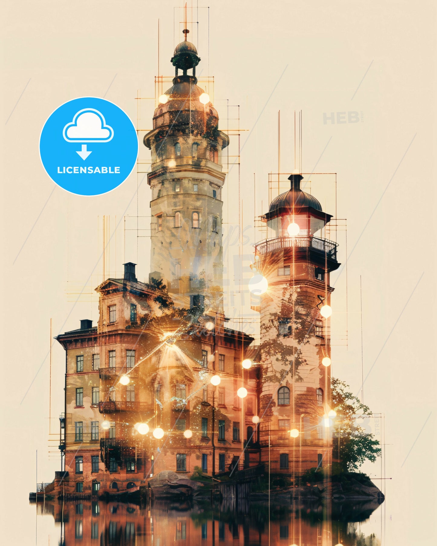 Hisningen City Skyline Composite Art Poster - A building with a tower and lights