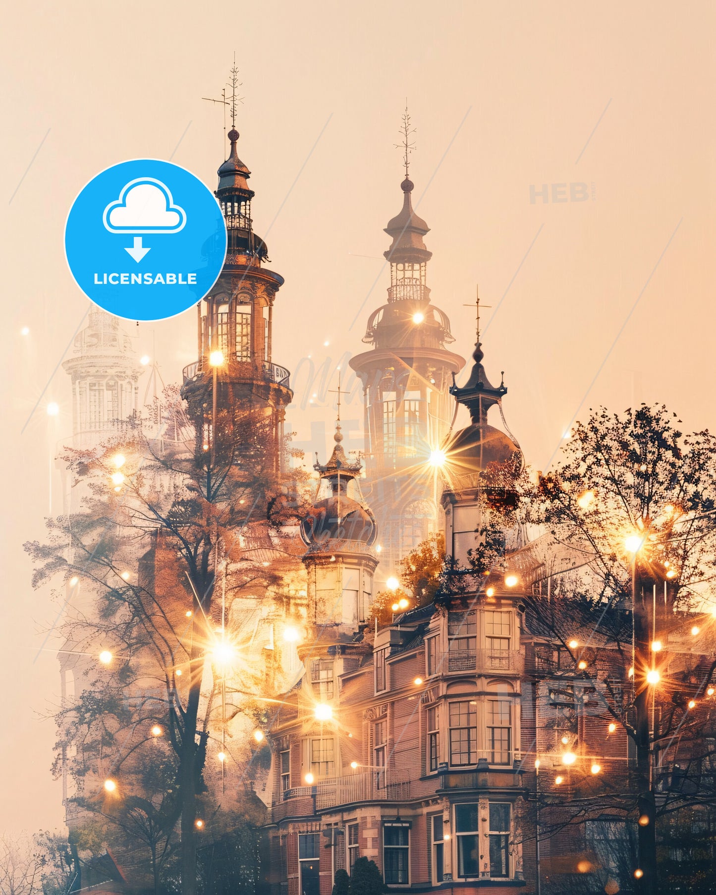 Hoeksche Waard Skyline Sparkles Double Exposure Composite - A building with many spires and trees