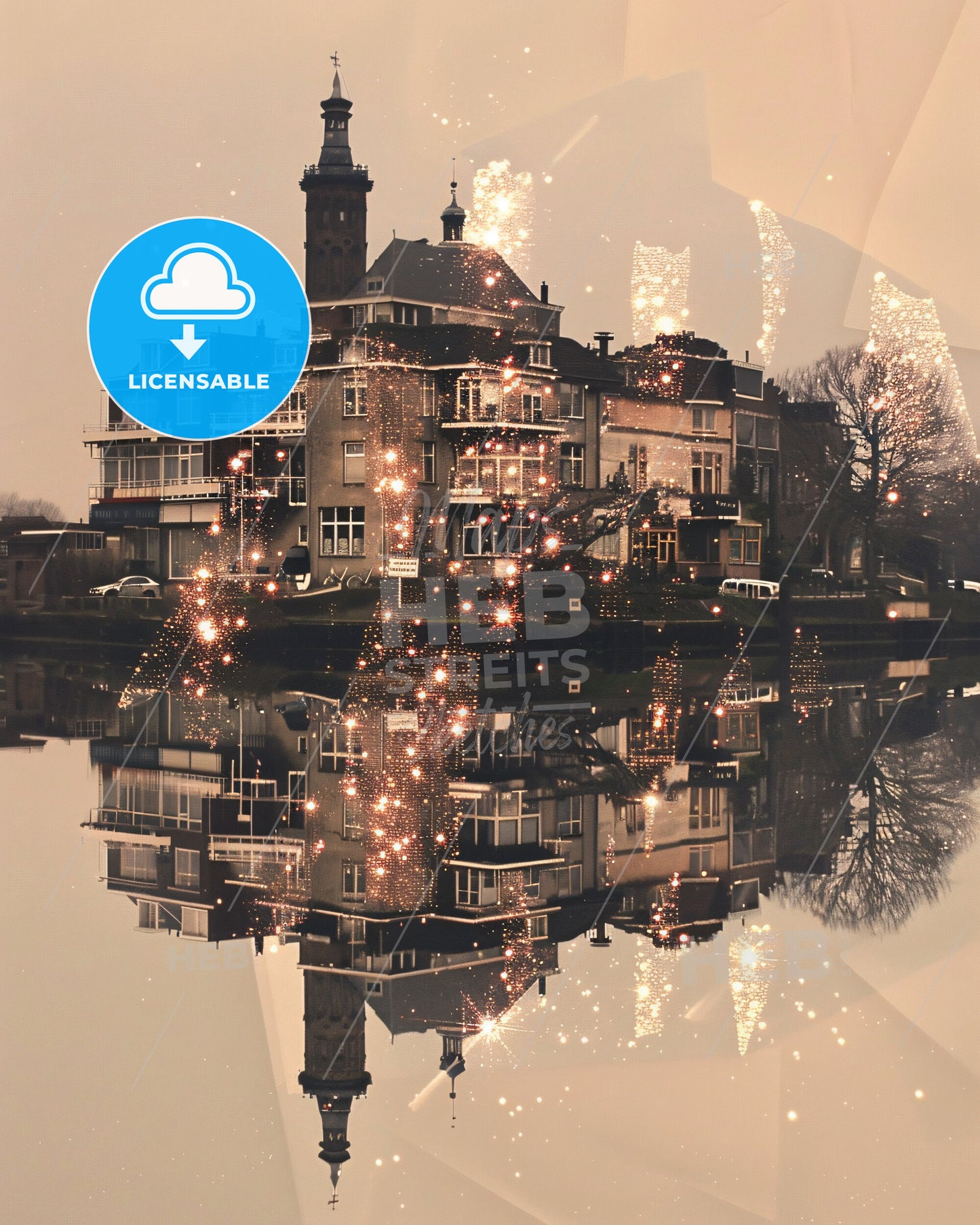 Island of IJsselmonde: City Skyline Double Exposure Art - A building with lights reflecting in water