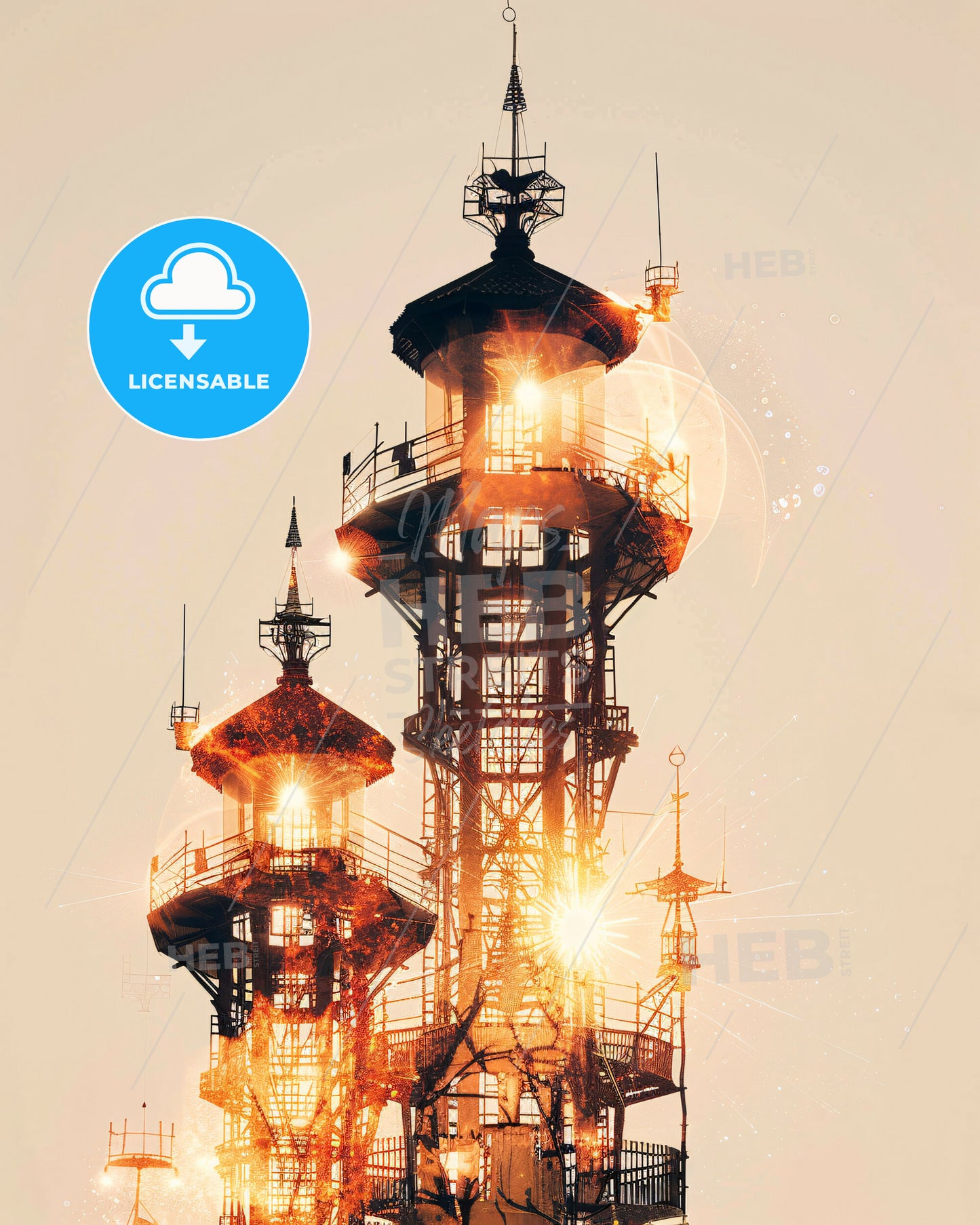 Koh Samui Double Exposure Art: Local Landmarks, Bright Beige - A tower with many towers and lights
