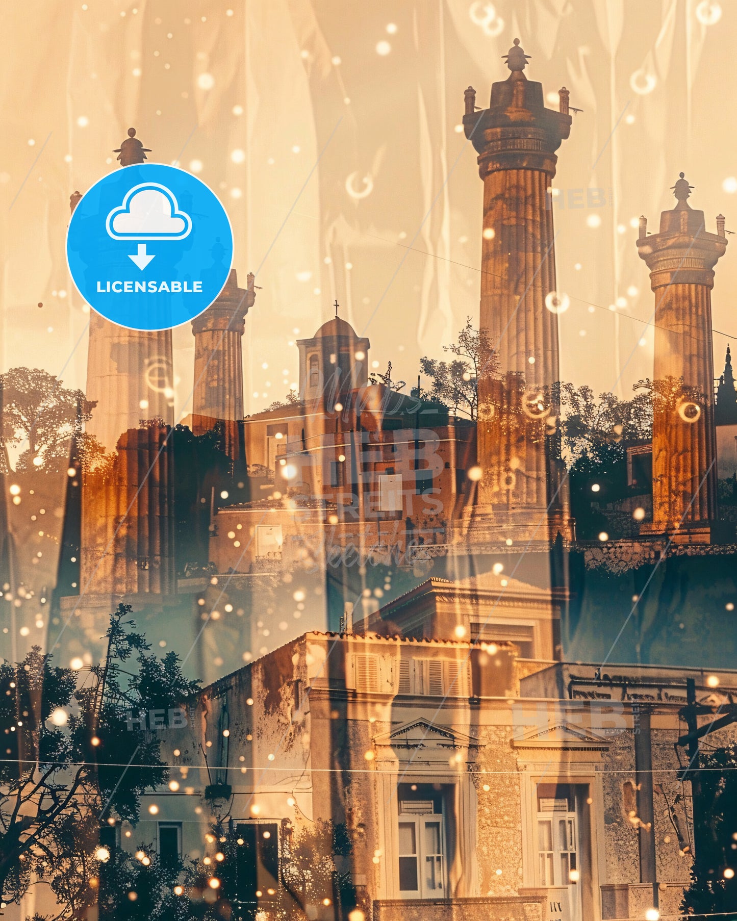 Lesbos Island Skyline Lights And Landmarks - A double exposure of a building with towers