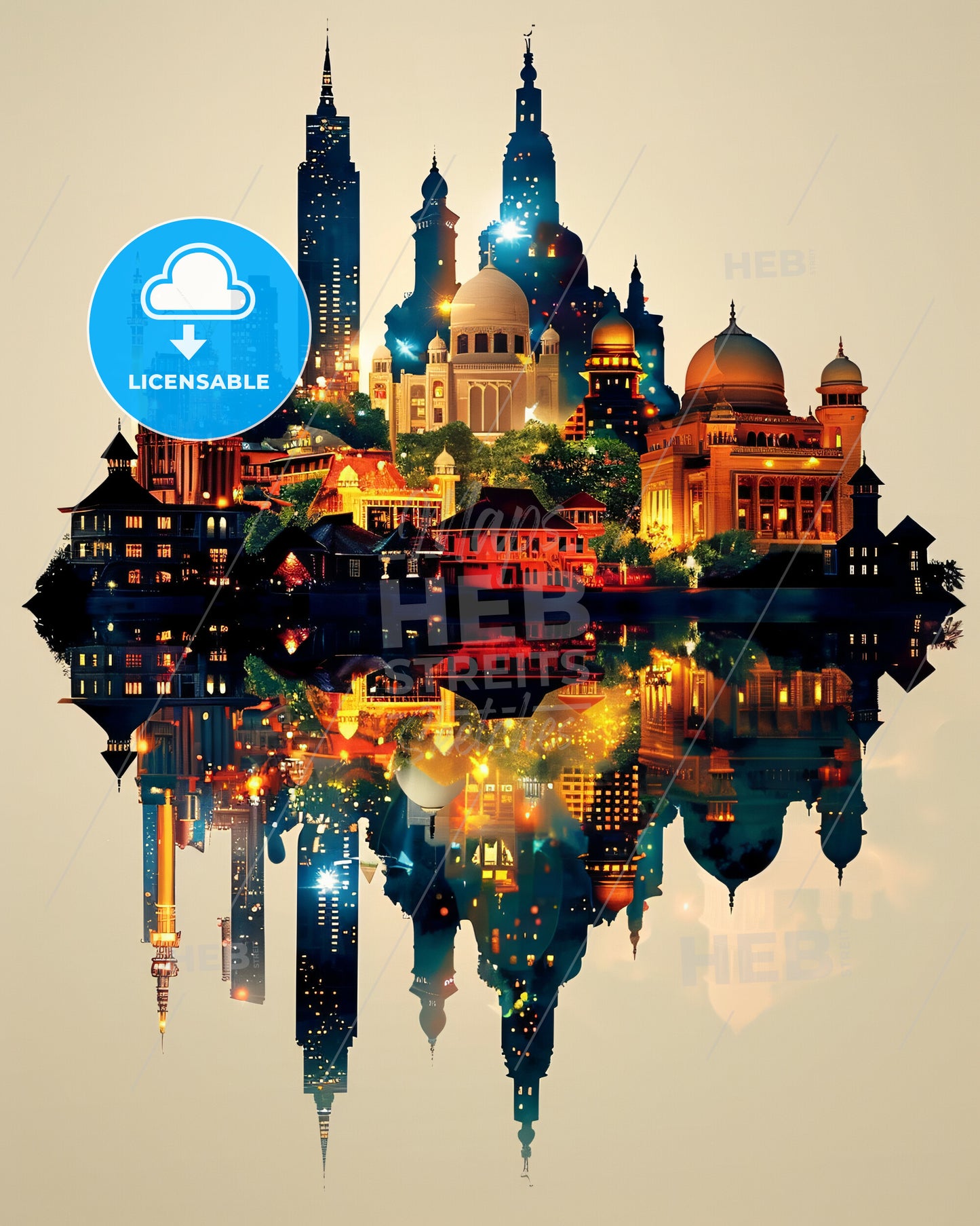 Maldives Island Dreamscape: Double Exposure Skyline Art - A city with many buildings and a reflection of it