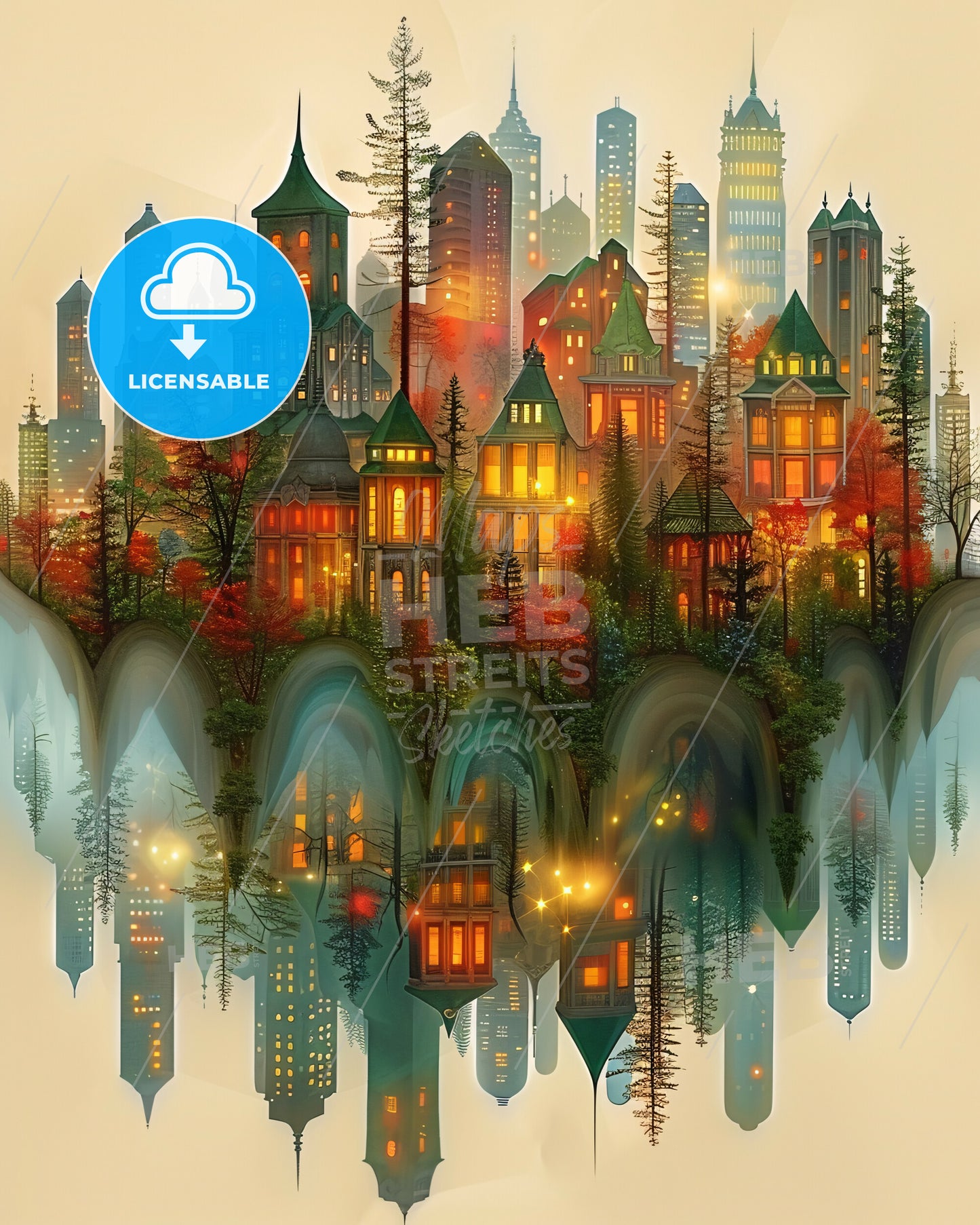 Palawan Skyline Double Exposure Poster Art - A city with trees and buildings