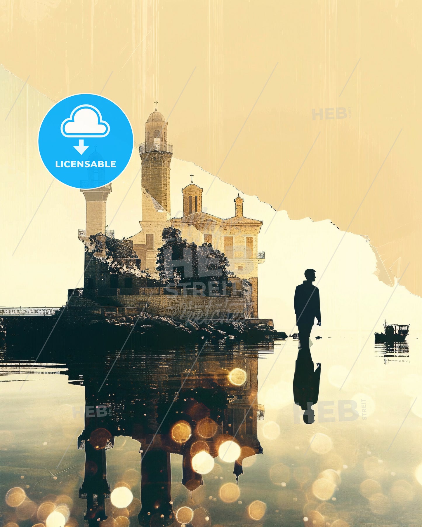 Salamis Island Skyline Double Exposure Art Poster - A man walking on water with a building in the background