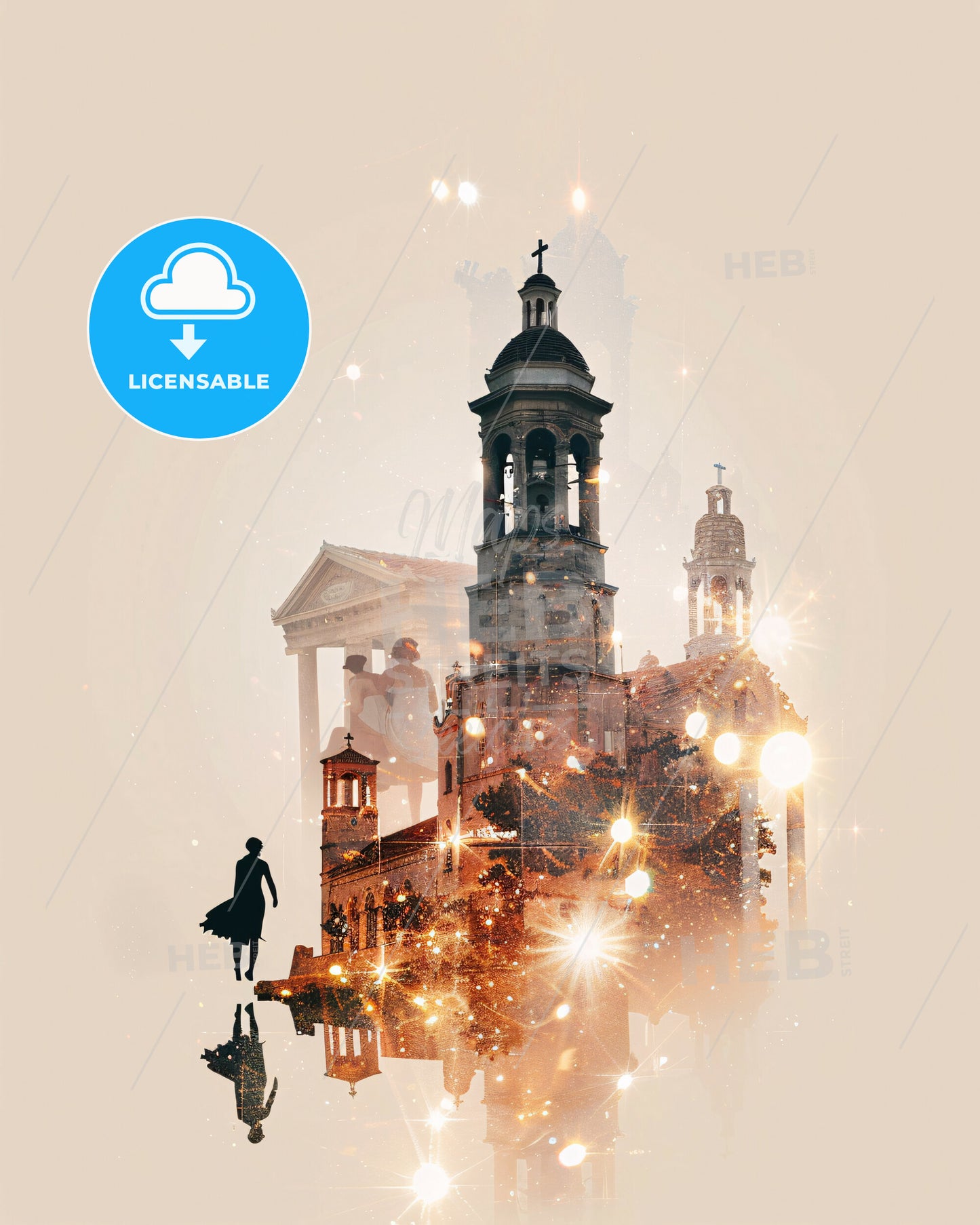 Samos Greece Skyline Double Exposure Art Poster - A building with a bell tower and a woman walking