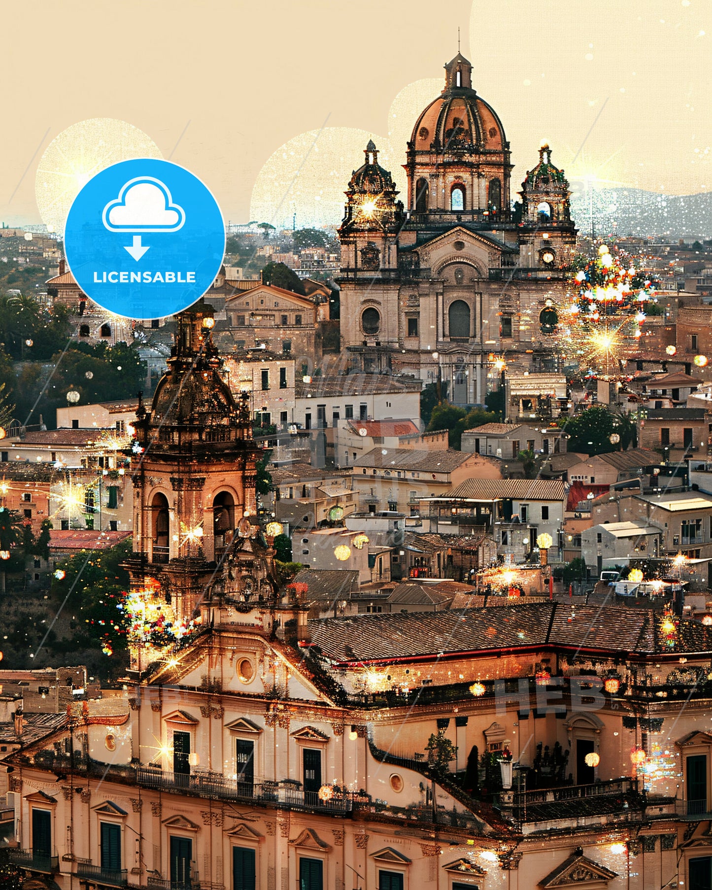 Sicily Skyline City Icons Bright Beige Artwork - A city with many buildings and lights