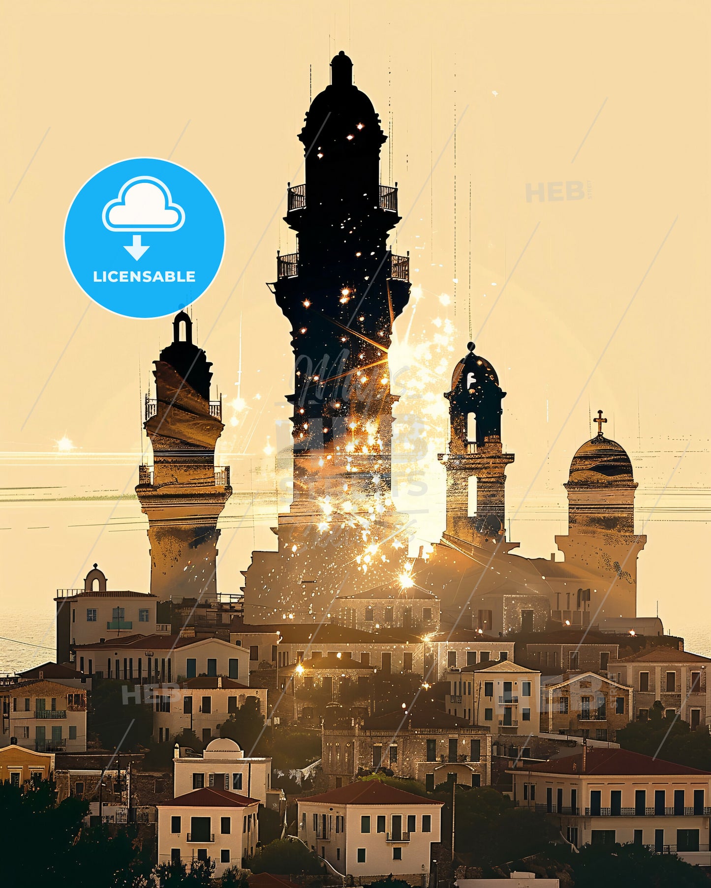 Zakynthos Skyline Double Exposure Composite Art Poster - A large building with towers and a tower in the middle