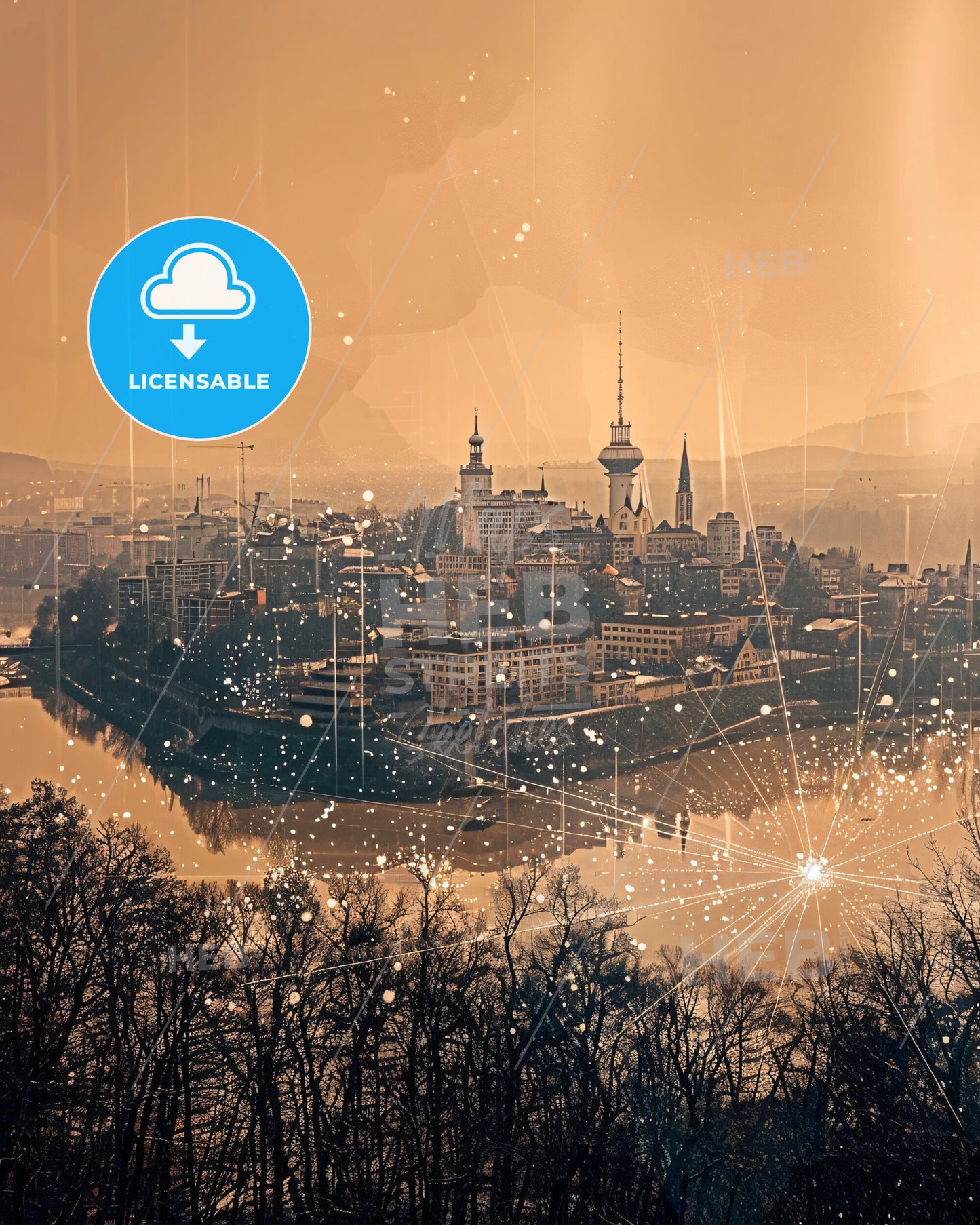 Žitný Ostrov Slovakia Double Exposure City Skyline Poster - A city with a river and trees