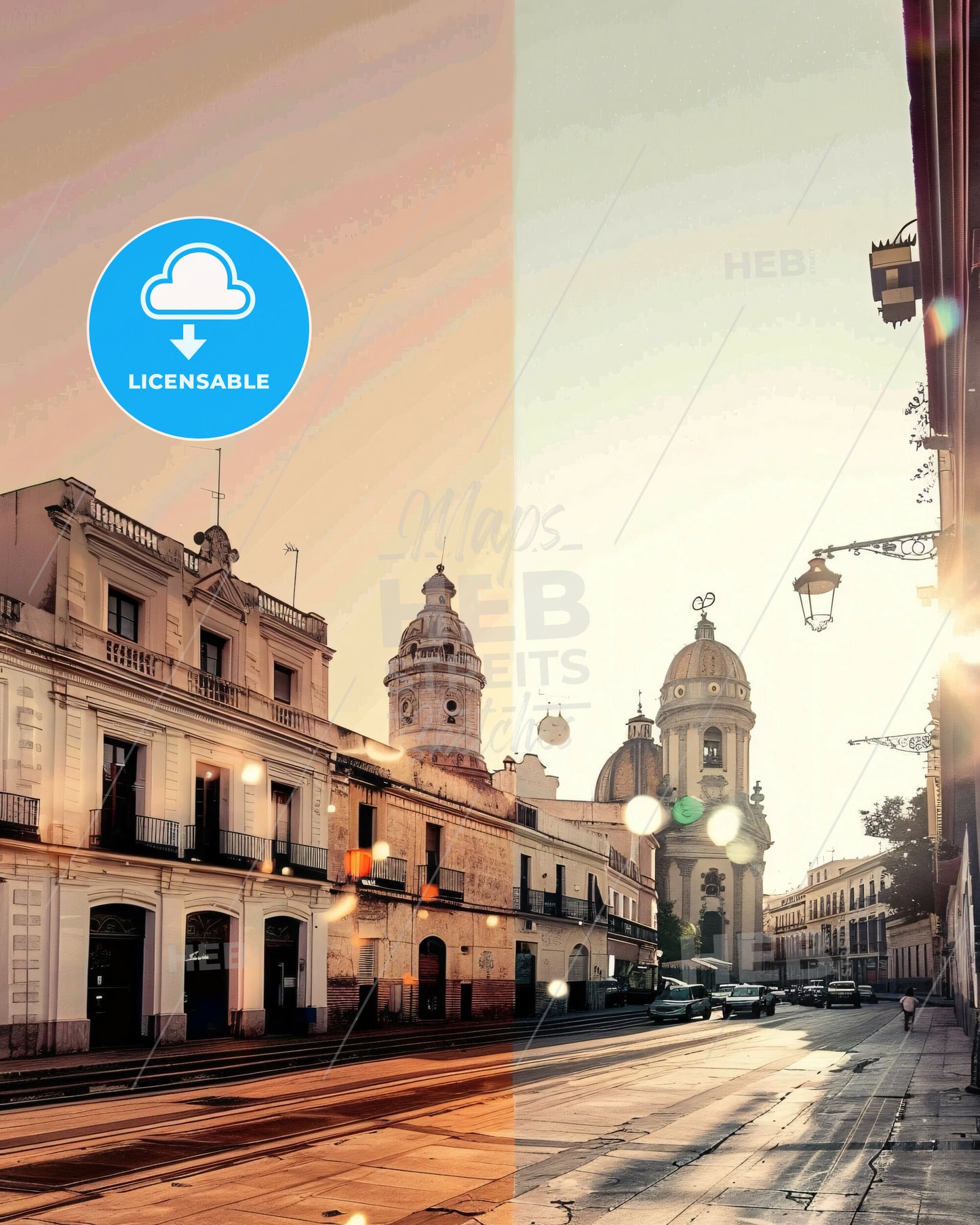 Jerez de la Frontera Skyline Cityscape Poster Art - A street with buildings and a church