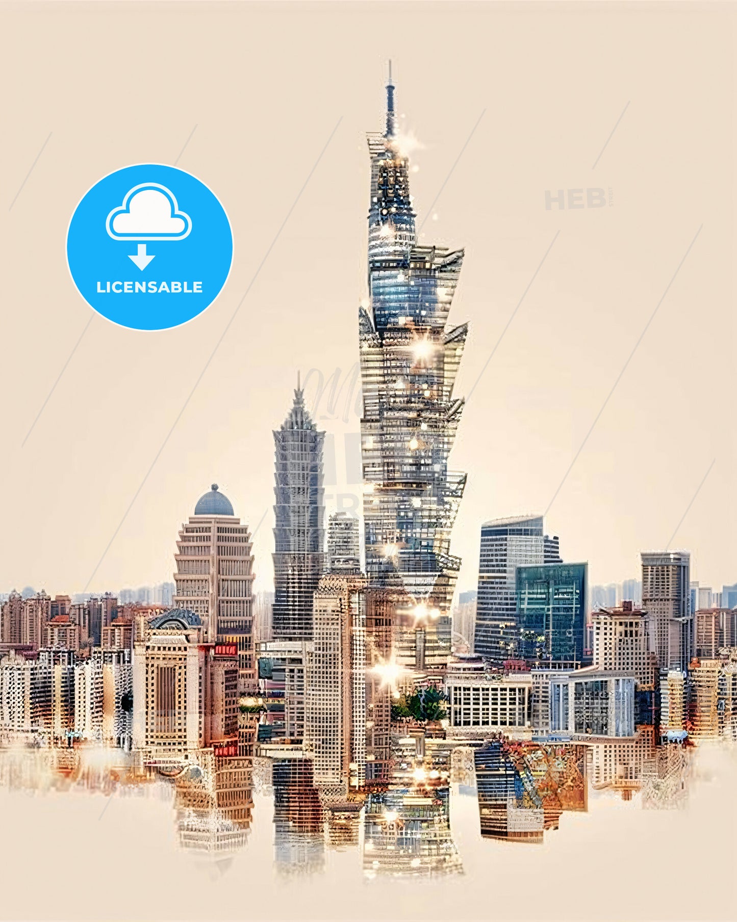 Jiangyin Skyline Night Light Composite Art - A city skyline with many tall buildings