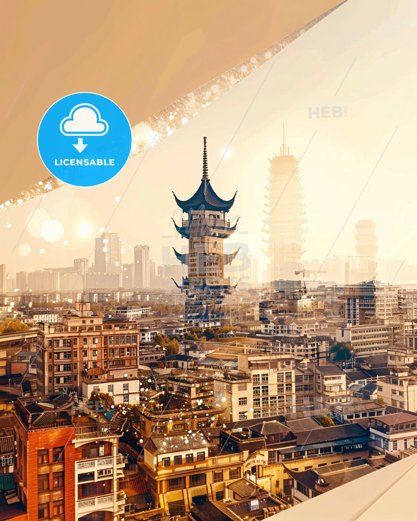 Jiangyin Skyline Art: Local Icons, Beige, Backlights - A city with a tall building