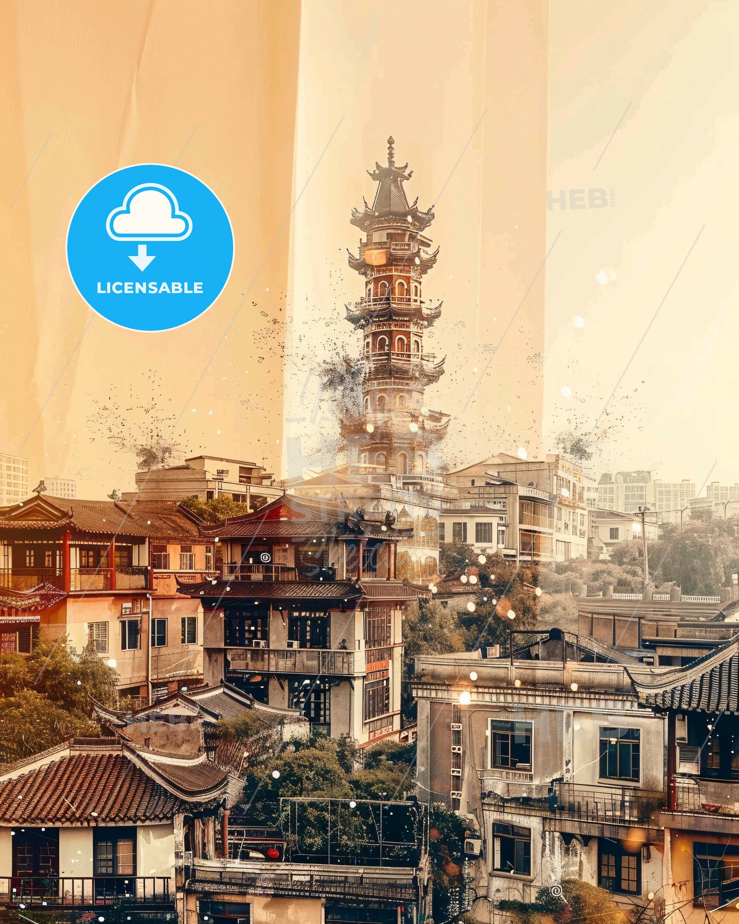 Jingzhou Skyline Poster: Beauty in Double Exposure - A tall tower in a city