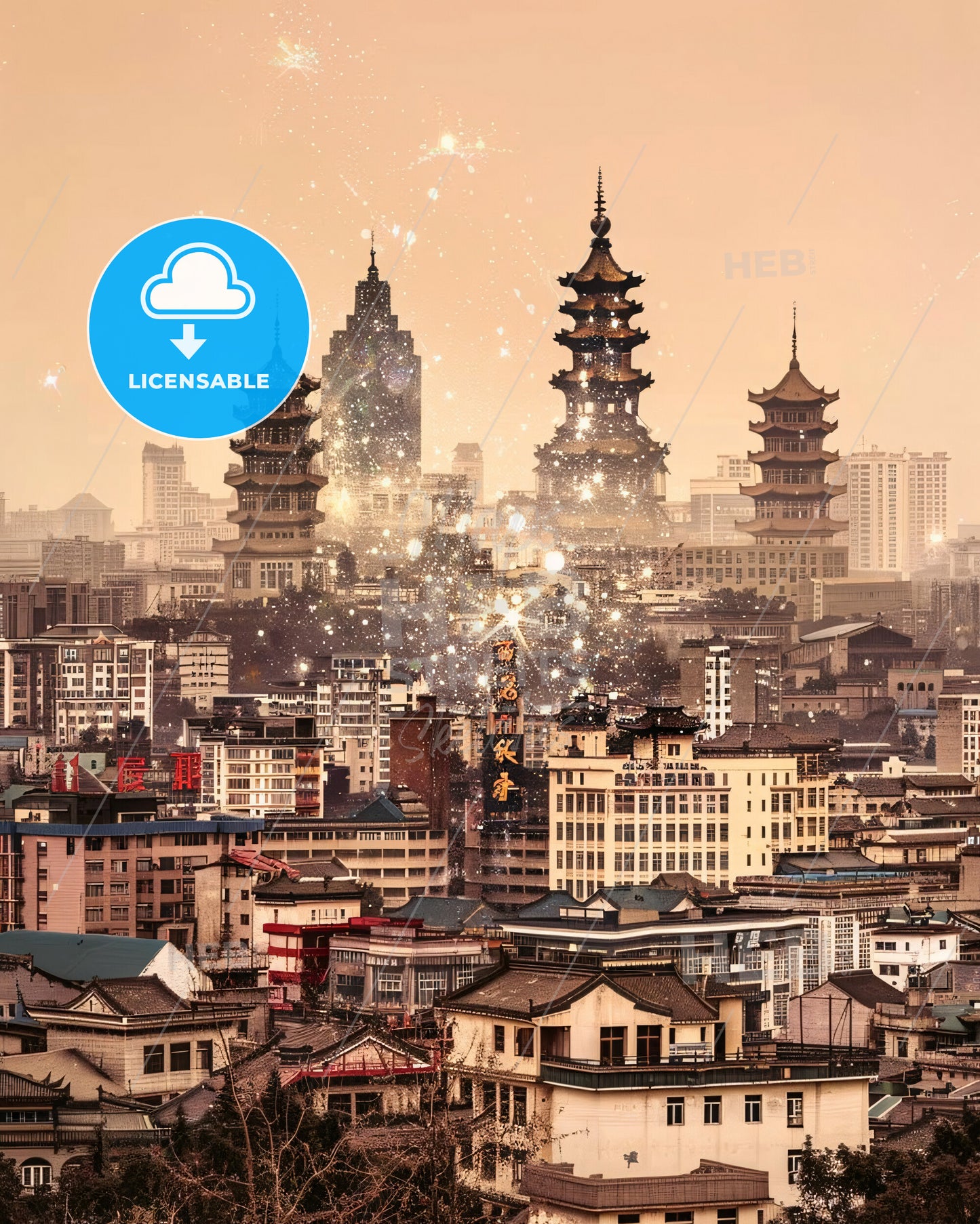 Jinzhou Skyline Icons Double Exposure Composite Art - A city with tall buildings and fireworks