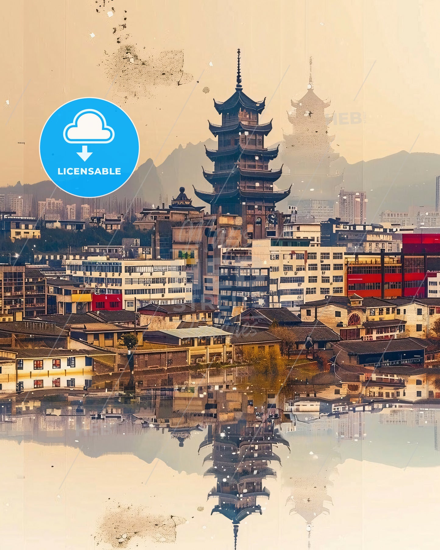 Jinzhou Cityscape: Vibrant and Glittering - A city with a tall tower and buildings reflected in water