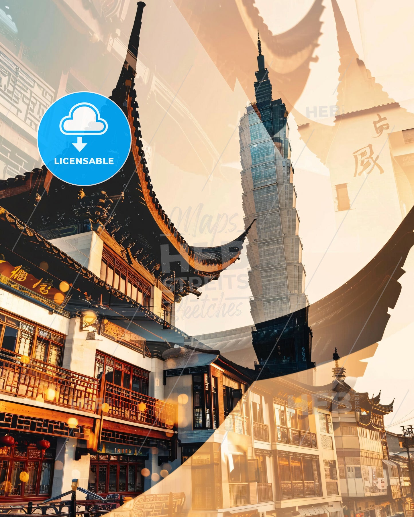 Jinzhou Double Exposure Skyline Composite Poster - A building with a tall tower