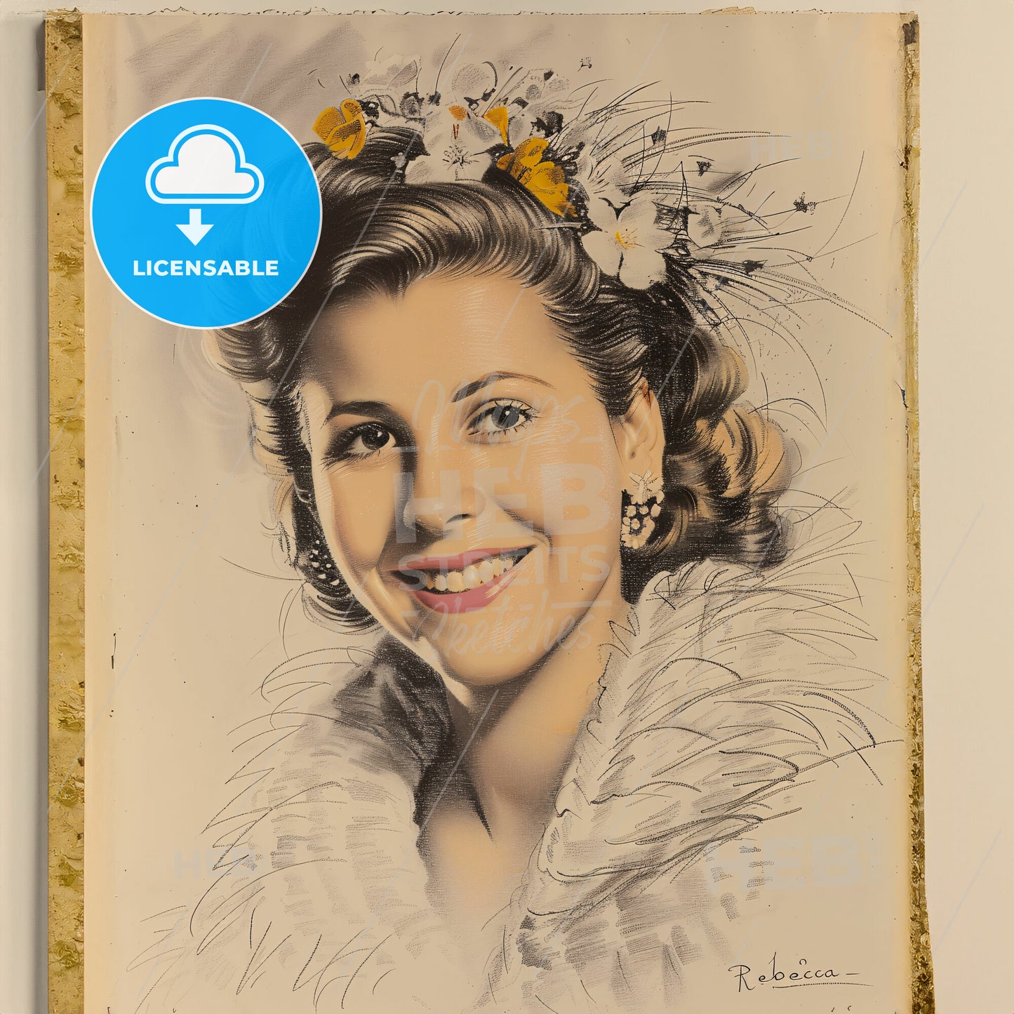 Joan Fontaine, 1917 - 2013, British-American actress - A Painting Of A Woman With Flowers In Her Hair