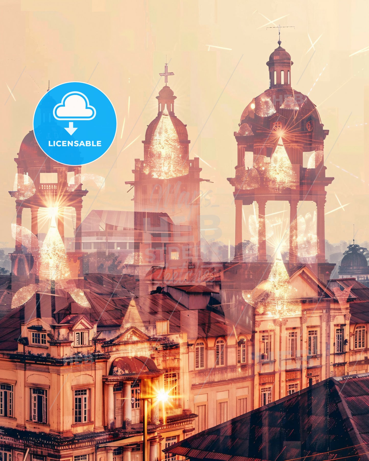 Jos: Vibrant Skyline in Double Exposure Art - A building with towers and lights