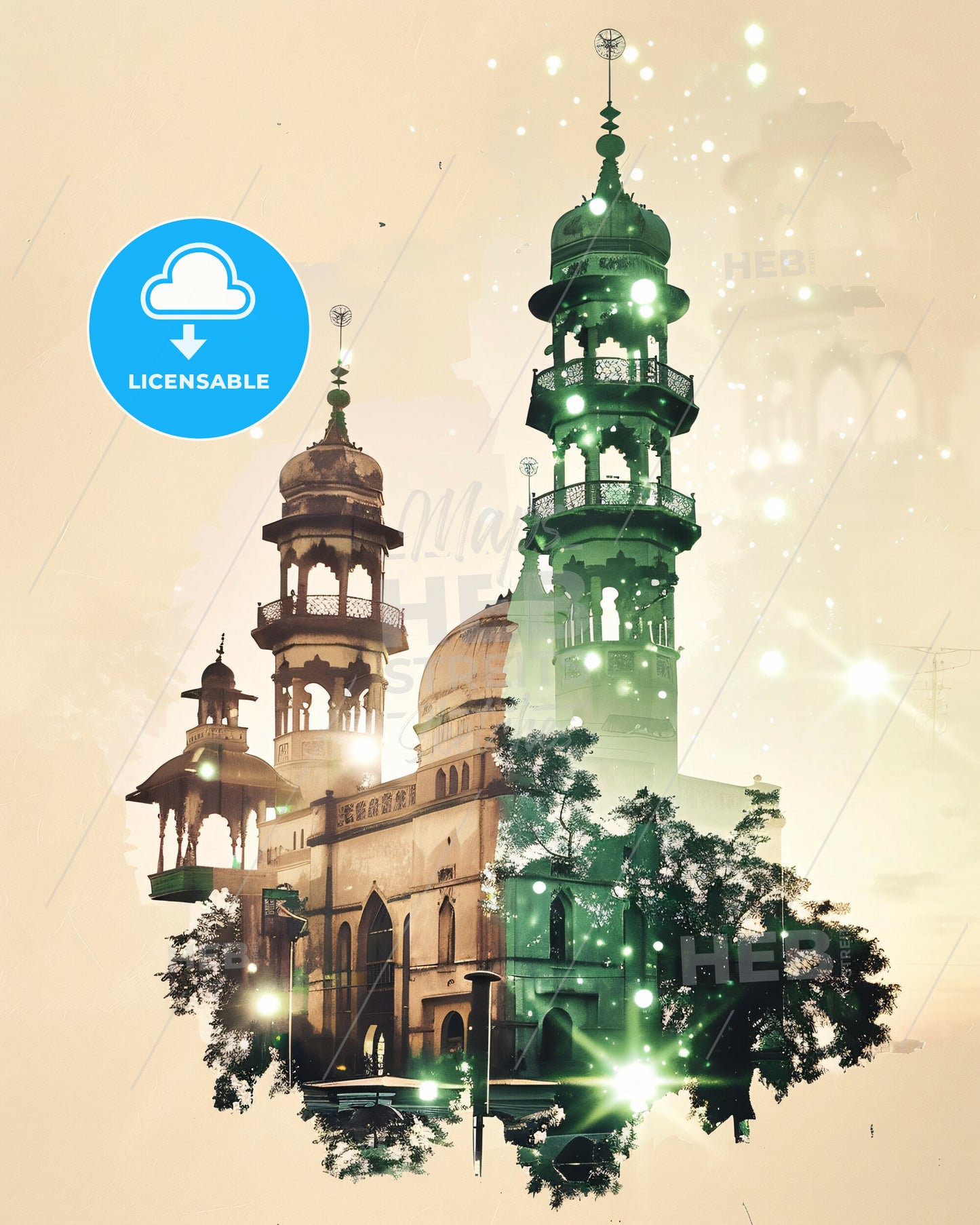 Kaduna Skyline Double Exposure Composite - A building with towers and trees