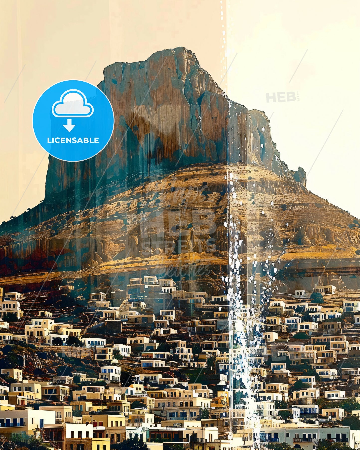 Kalymnos Skyline Double Exposure Art Poster - A mountain with buildings and a city
